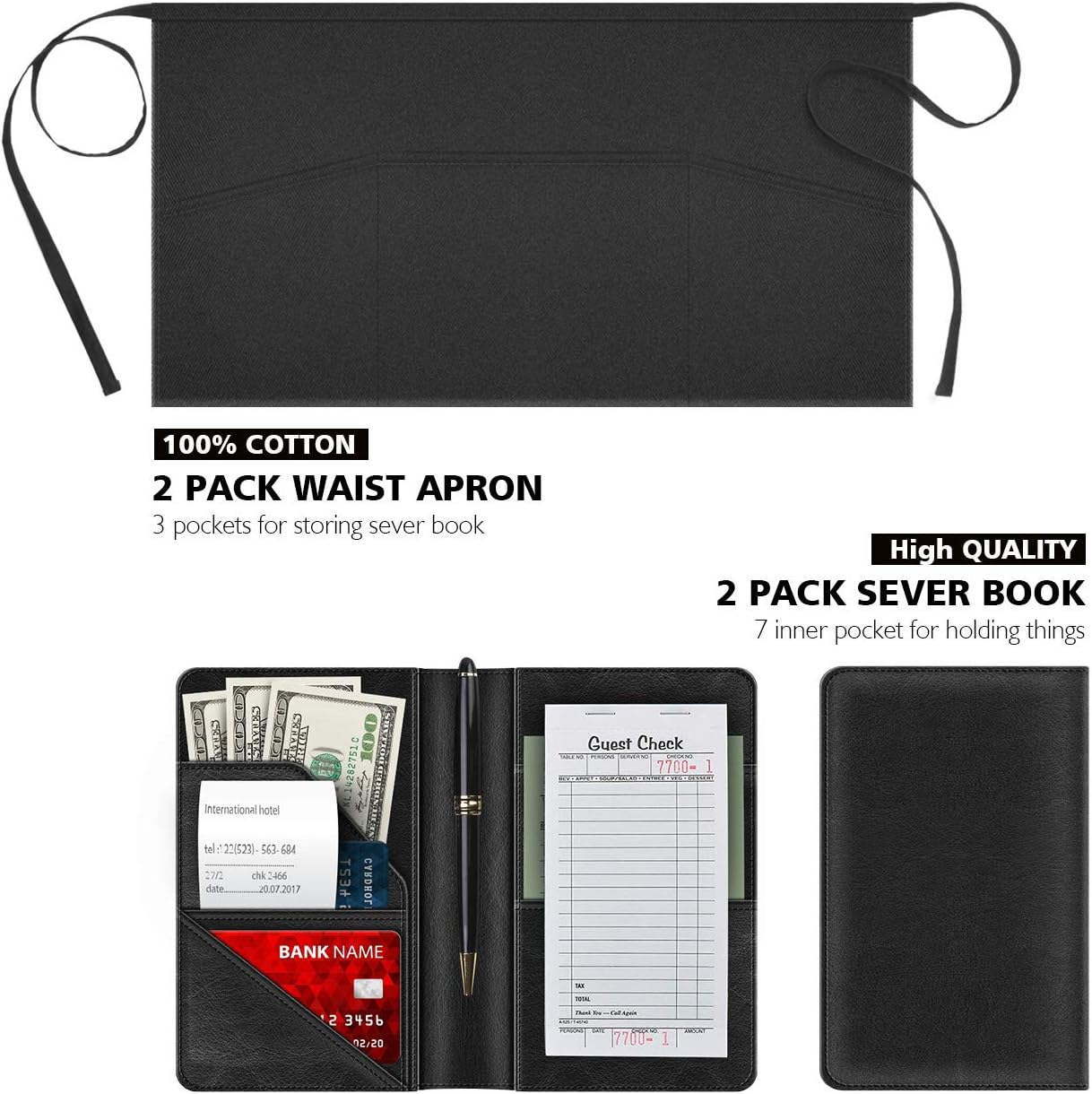 Syntus 2 Apron & 2 Waiter Book Sets – Server Book for Waitress Waiter Organizer with Guest Check Book Holder Money Pocket, 100% Cotton Waitress Waist Apron Set Perfect for Restaurant Waitstaff