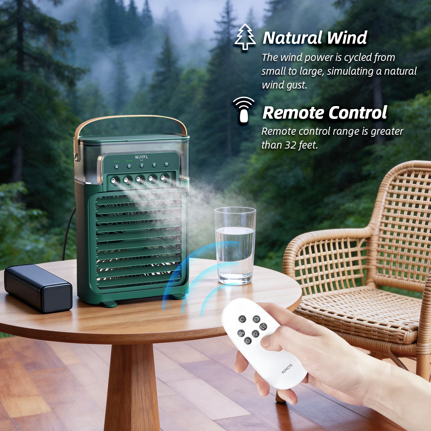 Mini Luftkühler mit Fernbedienung, Wassernebel, 5 Sprühdüsen | 700 ml, 3 Sprühstufen, 3 Windstufen, Naturwind, Timer, geräuscharmer Betrieb, USB-C-Betrieb mit EU-Netzadapter, ohne Akku