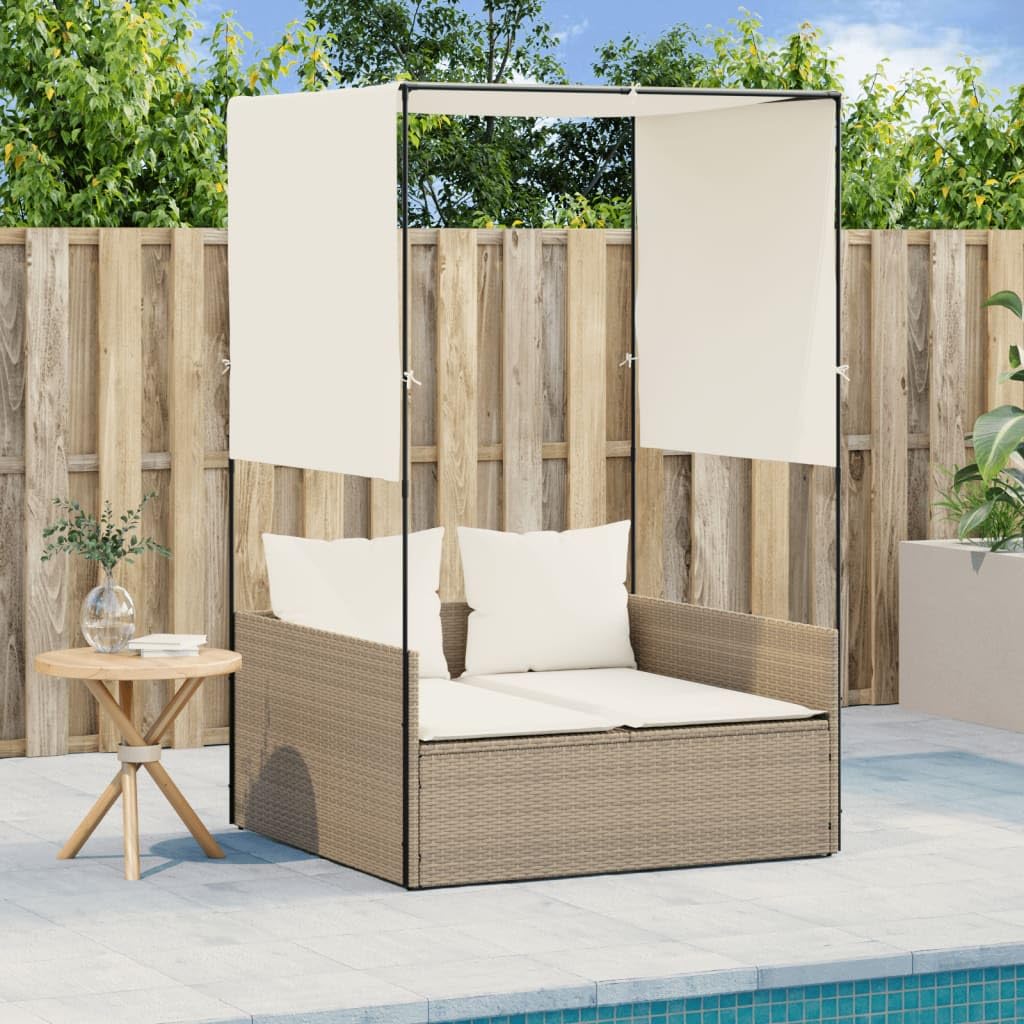 Homgoday Chaise Longue Double avec Toit et Rideaux Beige Résine Tressée, Bain de Soleil de Jardin, Lit de Camping Transat de Relax pour Plage, Extérieur, Balcon, Terrasse B