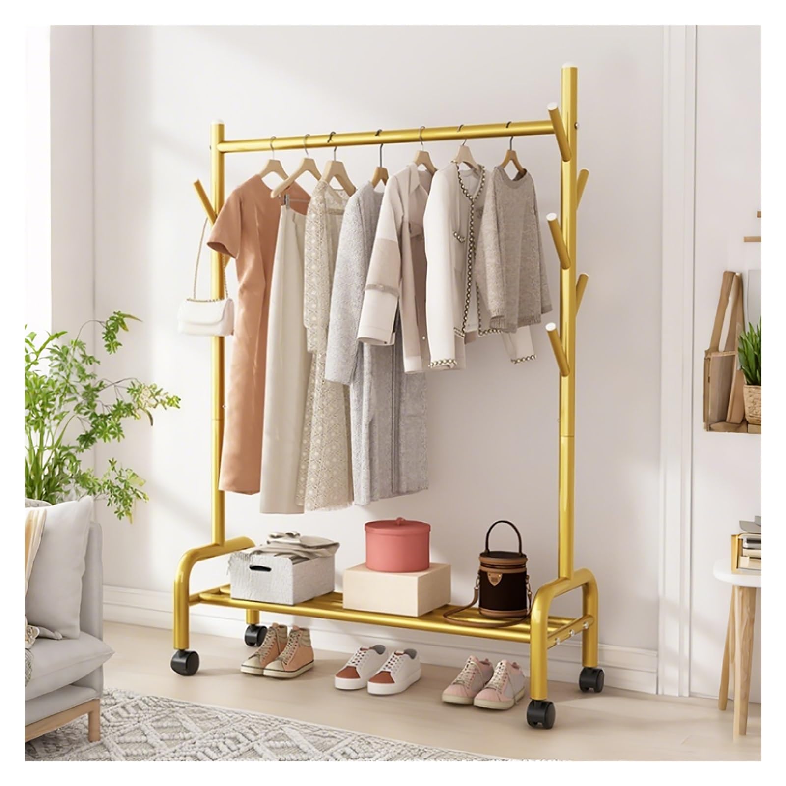 Lshtshf-ou Clothes Rack For Hanging With Wheels Metal Garment With Shelf Portable Rolling Wardrobe Racks For Bedroom Laundry(Gold,60cm/23.6in)
