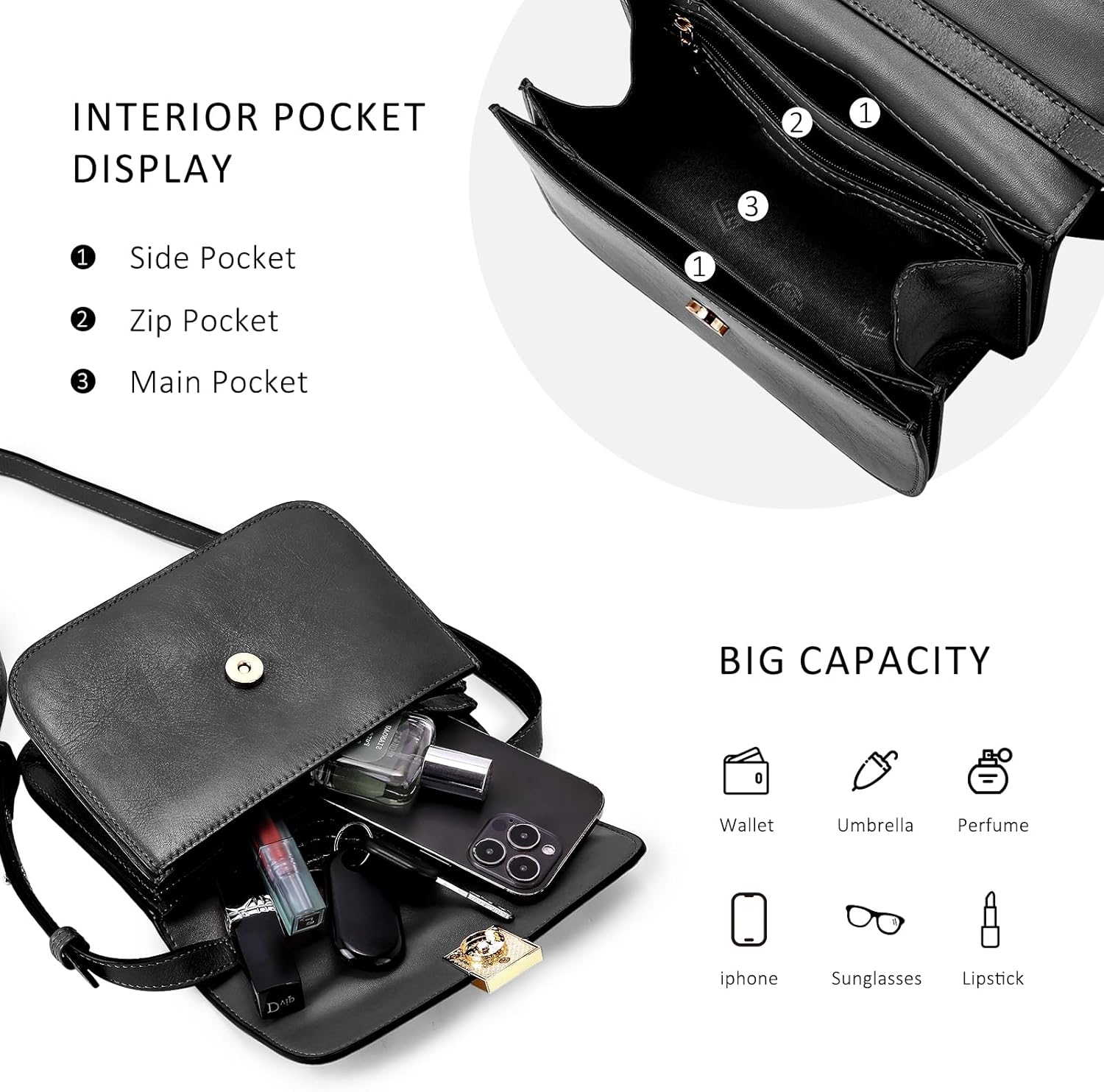 Genuine Leather Crossbody Bag for Women: Fashion Ladies Shoulder Handbag - Small Cross Body Purse for Travel Commute