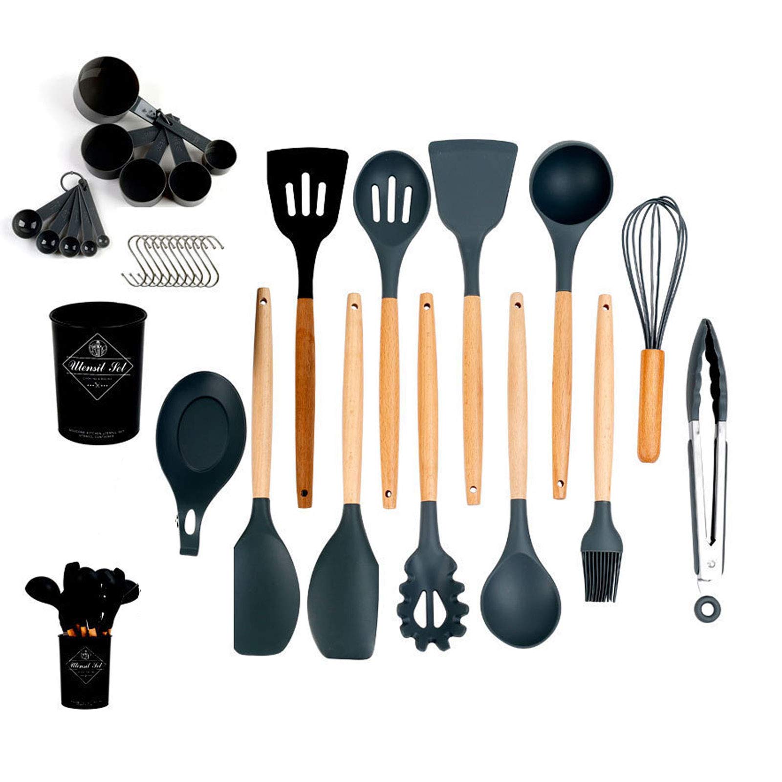 BASVII Set 12 Pezzi Utensili Cucina in Silicone Con Porta Mestoli - Realizzati Con Manici in Legno, Resistenti al Calore e Antiaderenti (Nero