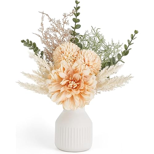 Mkono Small Artificial Flowers in Ceramic Vase 13.5" Centerpieces Coffee Table Decor, Silk Flower Arrangements for Home Decor Indoor Fake Flower Bouquet for Dining Room Wedding, Champagne