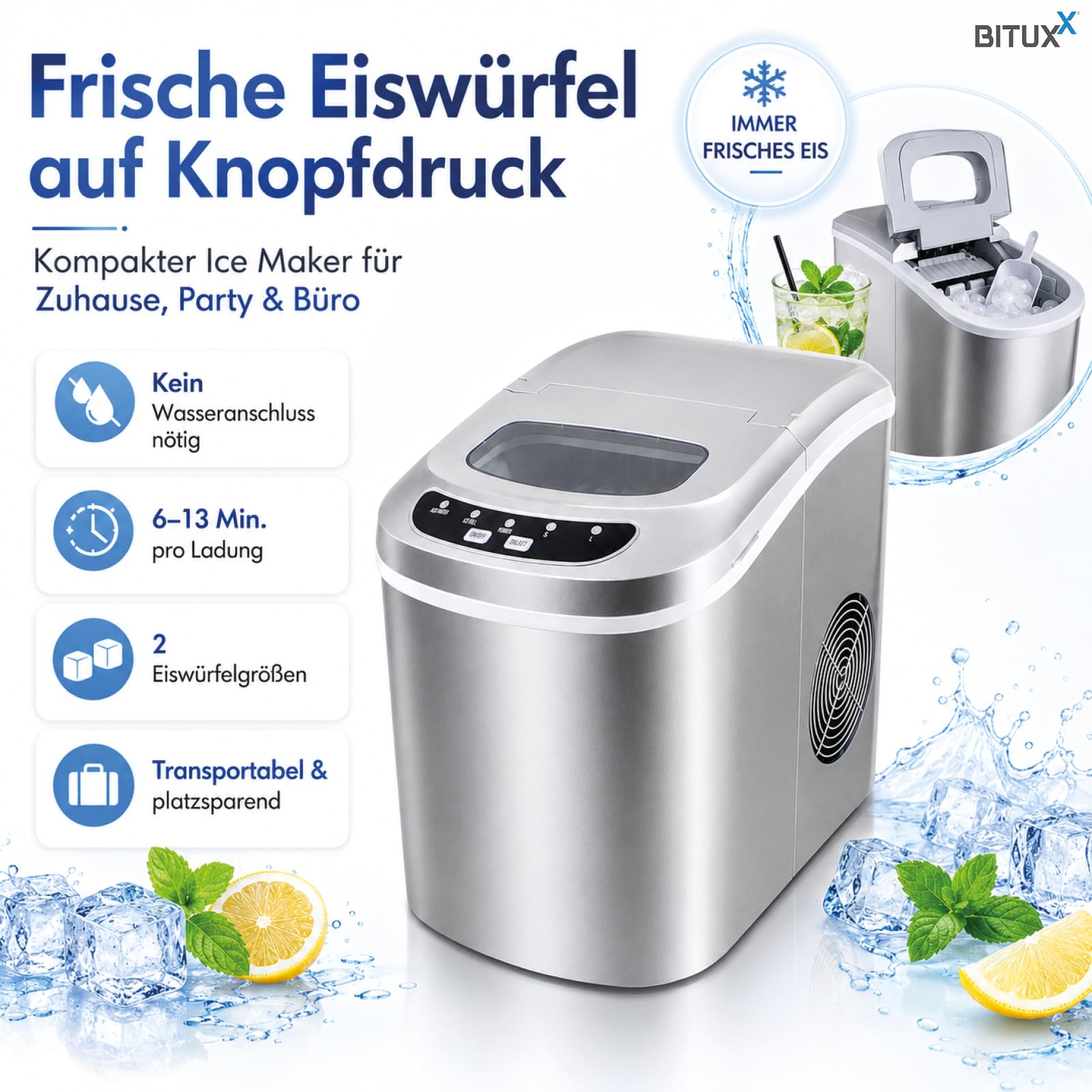 Eiswürfelmaschine Eiswürfelbereiter Eiswürfel Ice Maker Eis Maschine (Silber)