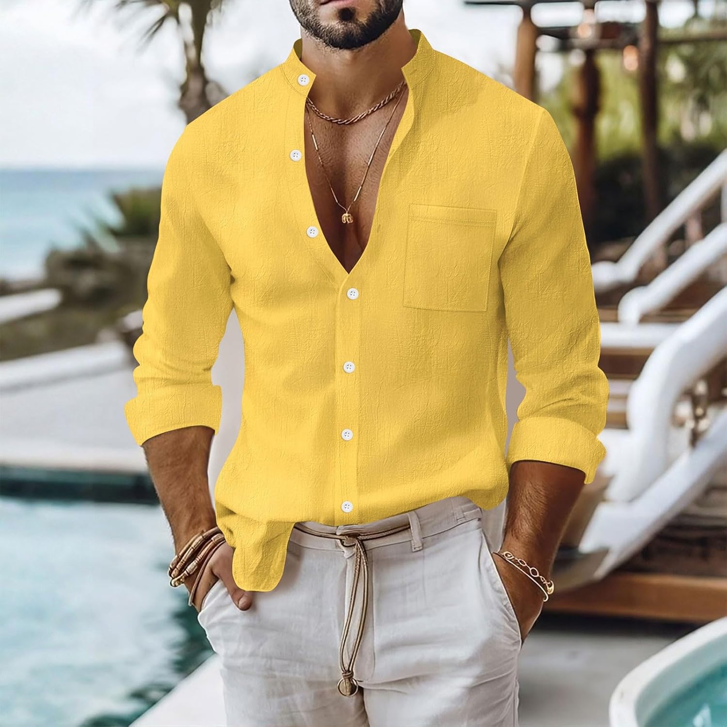 Ymosrh Men's Long Sleeve Lightweight Button Down Solid Color Hippie Beach Dress Shirts with Pocket