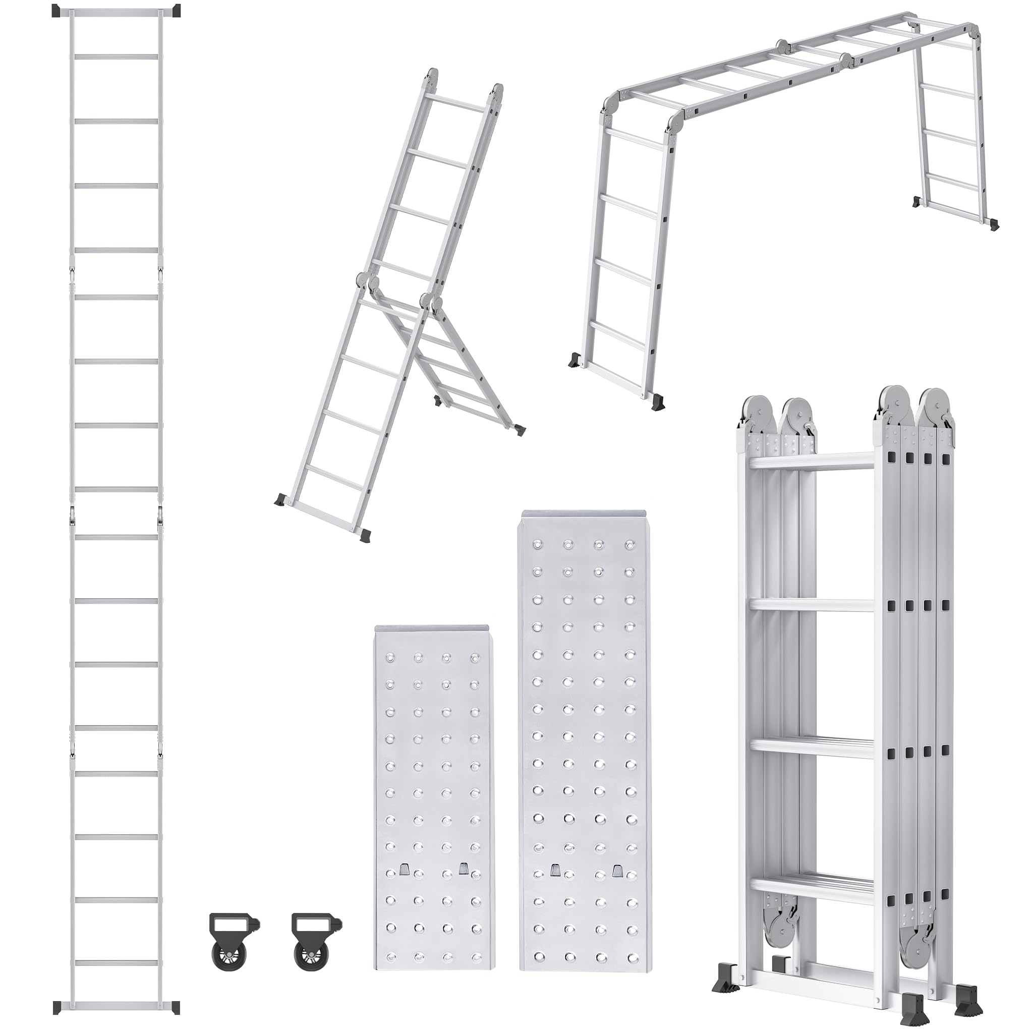 Froadp 6 en 1 Escaleras Multifuncional, Escalera de Aluminio Plegable, Andamio Multiusos con 2 Plataformas, Capacidad de Carga de la Escalera hasta 150KG (4×4 Pasos, Plateado)