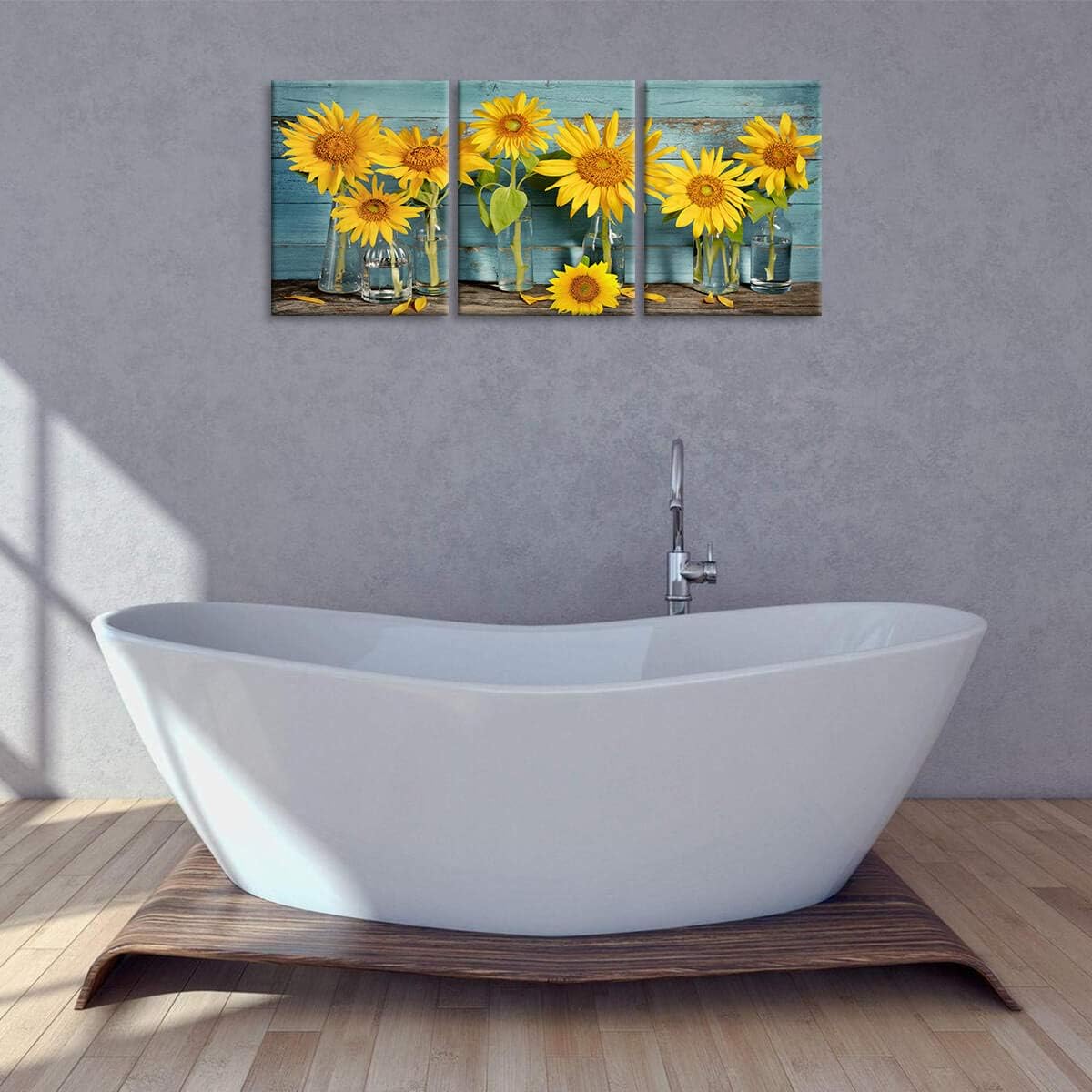 Sunflower Bathroom Decor Simple Life Rustic Wall Decor Vintage Vase Wooden Planks Sunflower Wall Pictures for Bedroom 3 Pieces Canvas Wall Art Flower Photo for Kitchen Wall Decor Gallery Wrapped