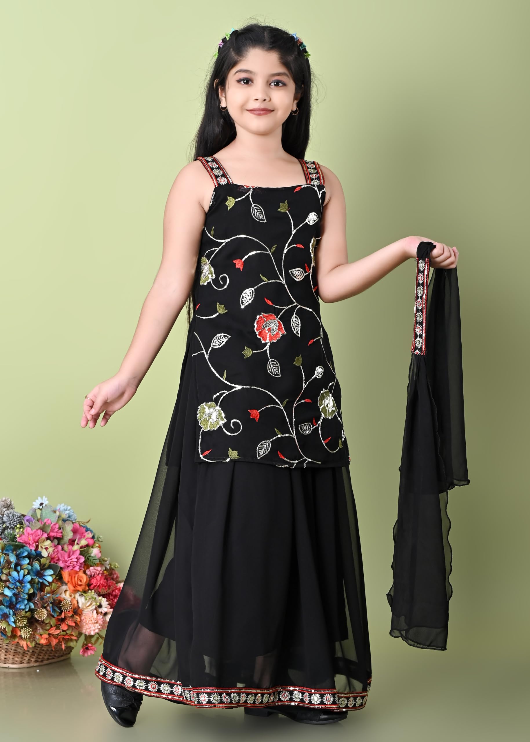 SPAMitude - Georgette Embroidery Sequin Kurta, Skirt and Dupatta Set for Girls – Ethnic Party Dress I Birthday Trendy Classic Outfit I Square Neck Sleeveless (BLACK, 10-11 YEARS) - Image 7 thumbnail