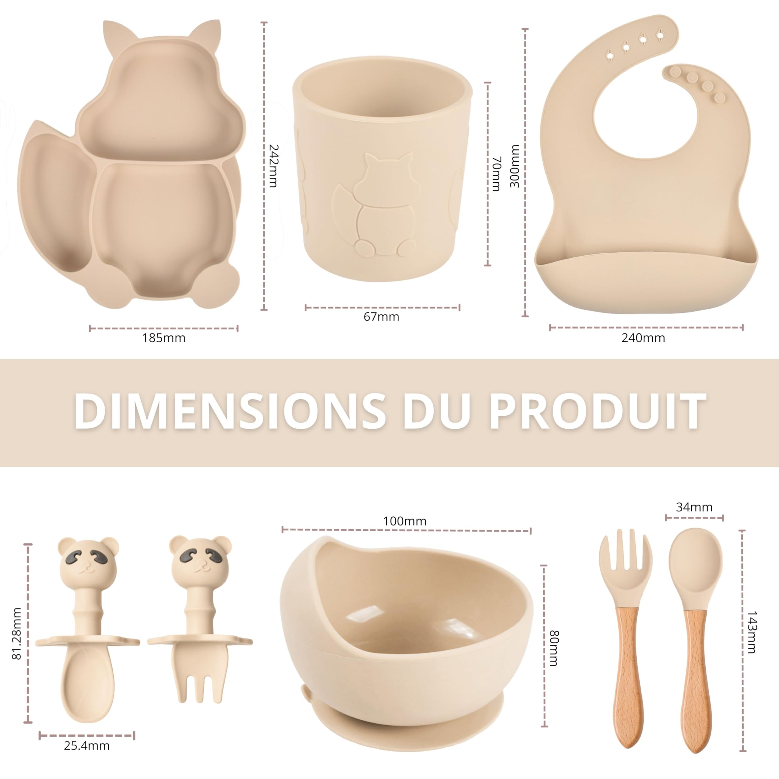 TudoBem Coffret Repas Bebe Accessoire 8 Pièces Set Vaisselle Bebe 1er age Assiette Bebe Bol Ventouse Bébé Cadeau Bebe Garcon Vaisselle Enfant Complete Beige