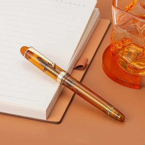 Miniatura 7 de Asvine V126 Pluma estilográfica de llenado al vacío con punta extrafina, acrílico marrón transparente, gran capacidad con estuche de regalo