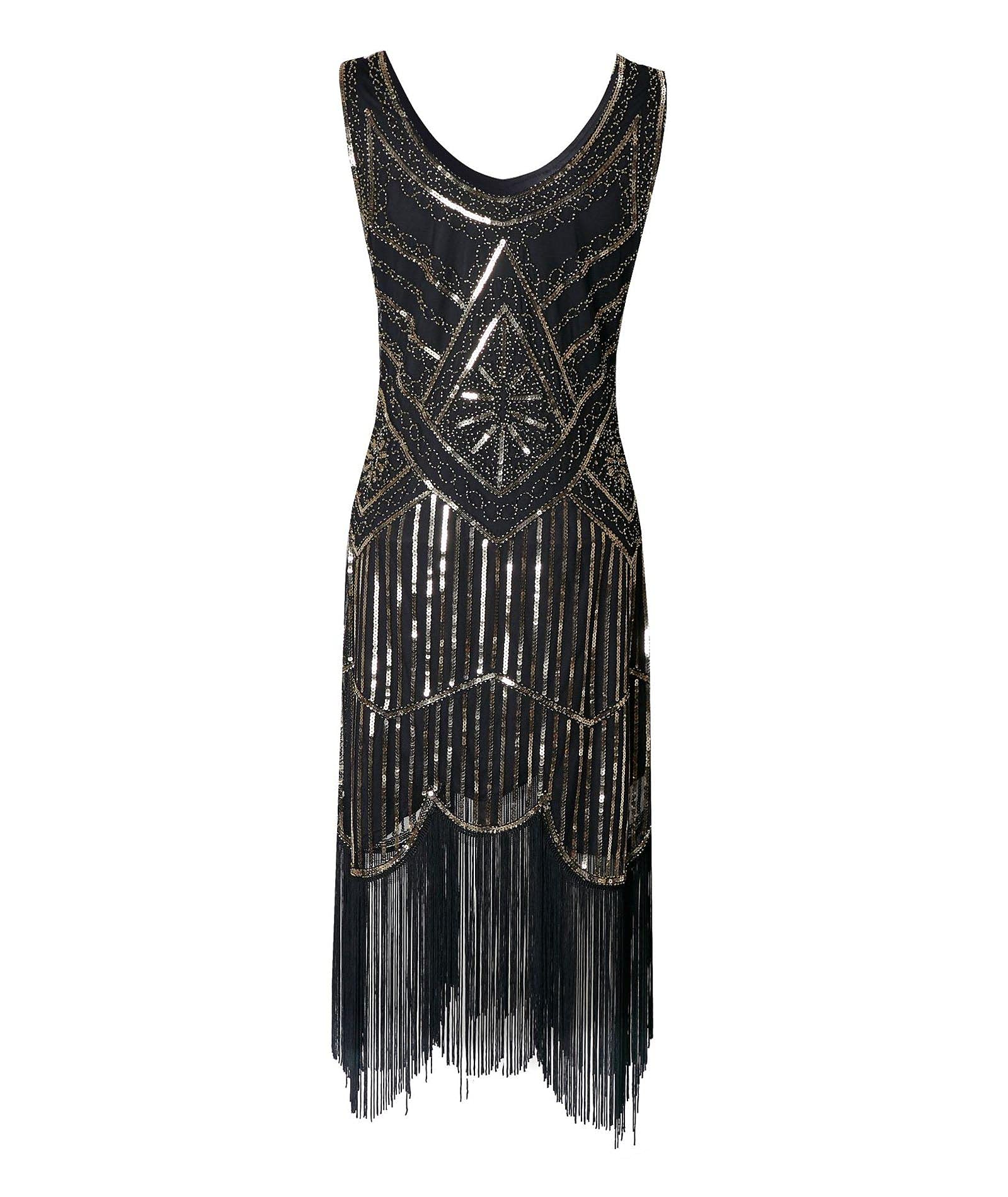 HAHAEMMA - Robe - Style des années 1920 - Pour femmes - Motif : paon - Garçonne - Charleston - Gatsby - Paillettes - Ourlet à pompons - Pour cocktail et bal des finissants