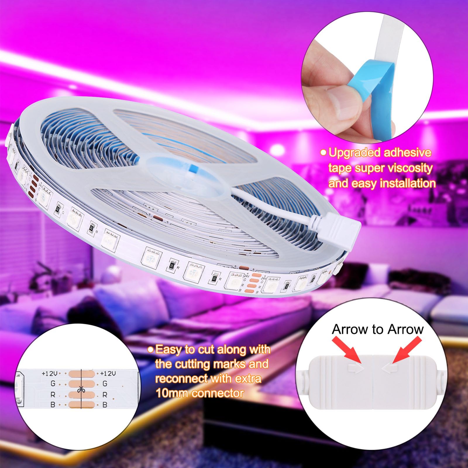 LED-Streifen, 2 x 10 m, 60 LED/M, Bluetooth, LED-Streifen, 10 m, 600 LEDs, 5050 RGB SMD, sanfter Farbwechsel, 24 V, Netzteil, Fernbedienung mit 44 Tasten, Empfänger, bunte Lichter für die