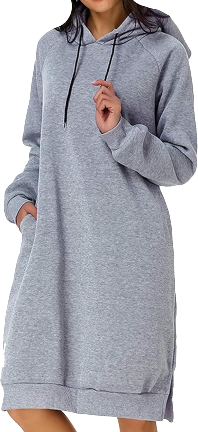YMING Women's Hooded Maxi Pullover Dress Drawstring Solid Color Long Sweatshirt Fall Loose Slit Hoodies with Pockets