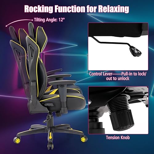 Miniatura 8 de Goplus Silla para videojuegos, silla giratoria de 360 en altura ajustable para computadora con reposabrazos 2D, función mecedora de asiento ancho,