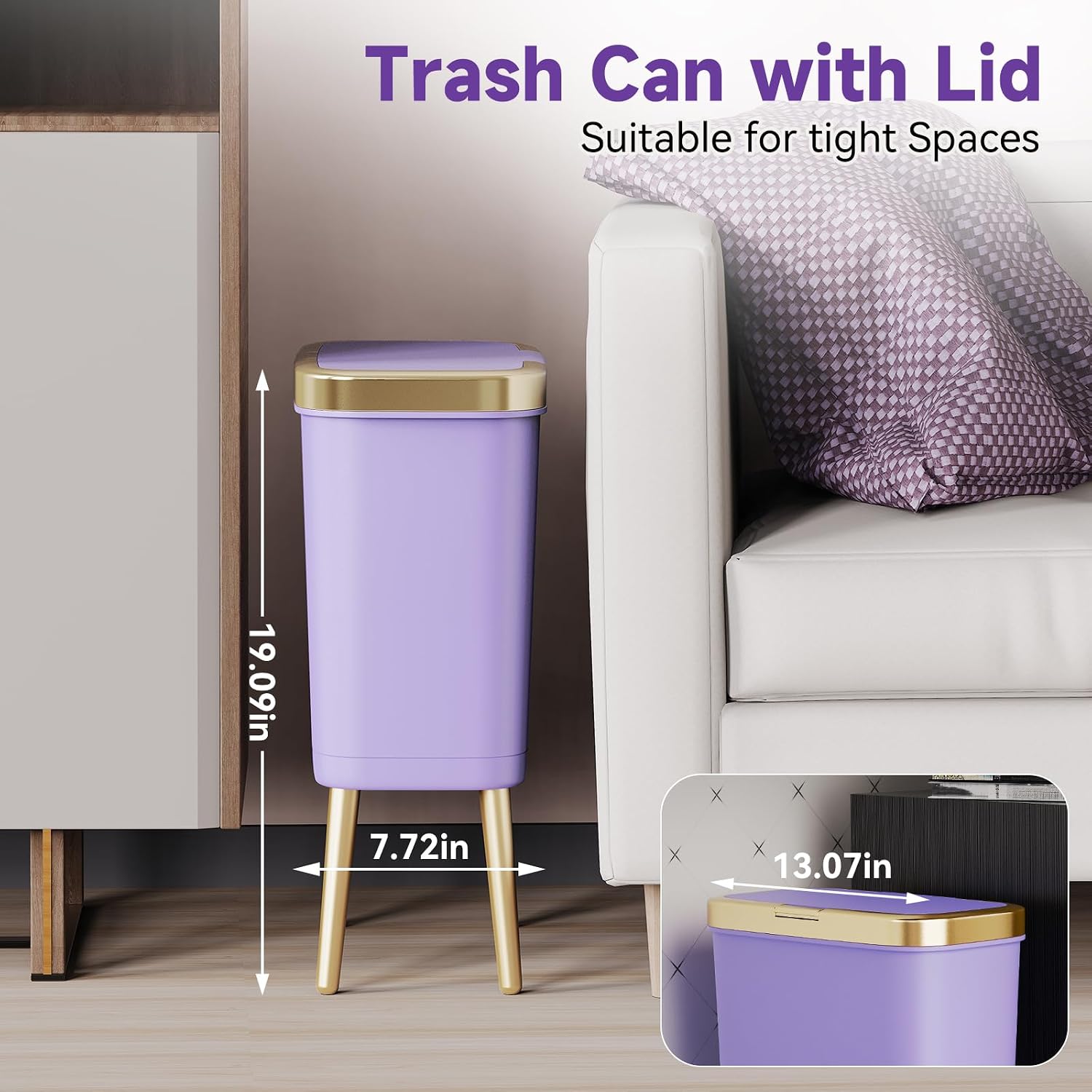 Procade Purple Bathroom Trash Can with Lid and Legs,Small Gold Garbage Can image 4