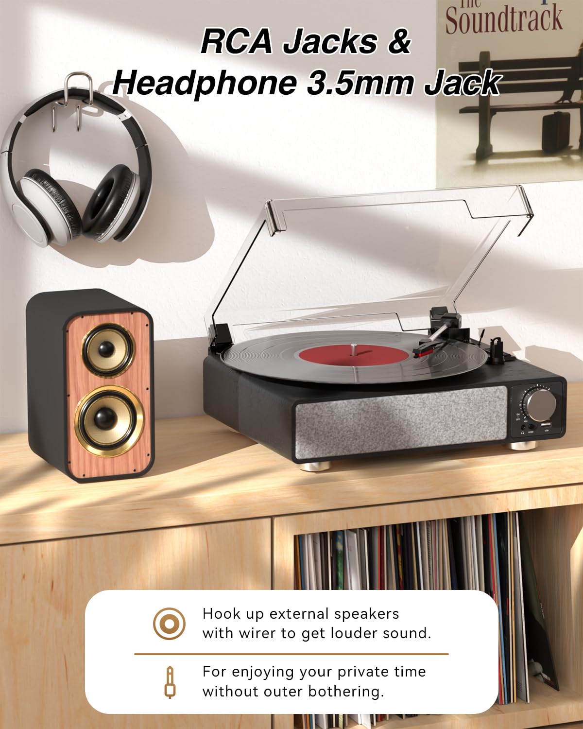 Giradischi in vinile con altoparlanti, giradischi MONODEAL a 3 velocità per dischi in vinile con trasmettitore Bluetooth, arresto automatico, uscita RCA, USB/jack per cuffie, design vintage in legno