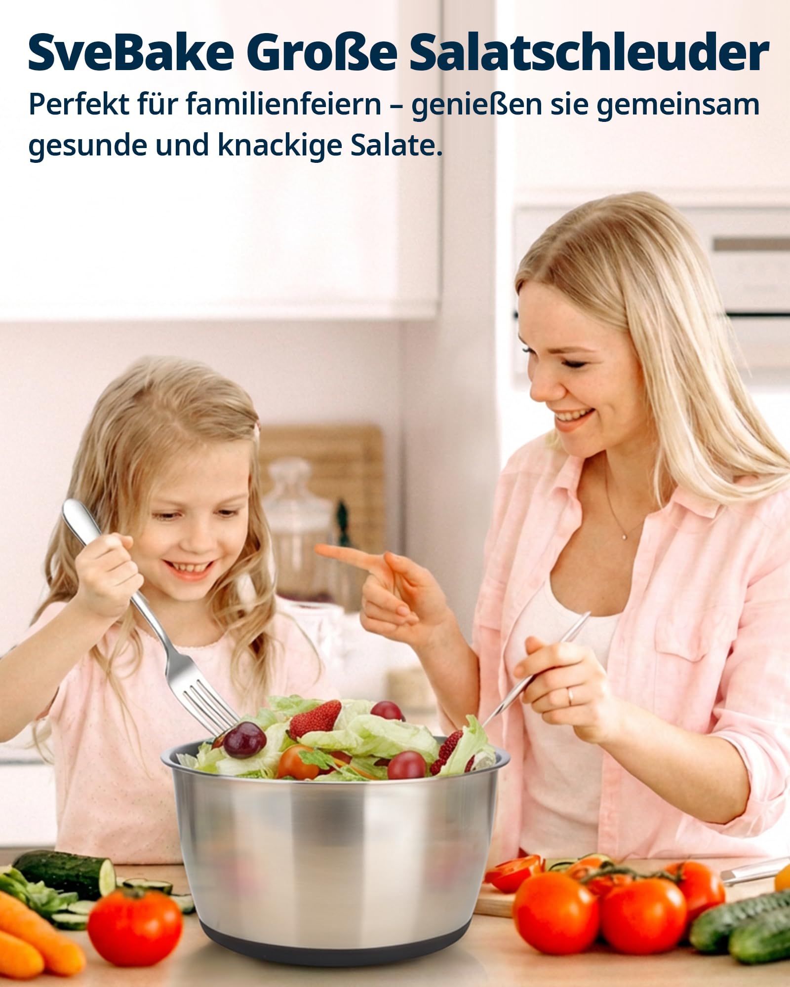 Salatschleuder Edelstahl 18/10 mit Kurbelantrieb, 6L große Salatschüssel mit Deckel, rutschfest & spülmaschinengeeignet – Salad Spinner für Salat, Gemüse, Obst