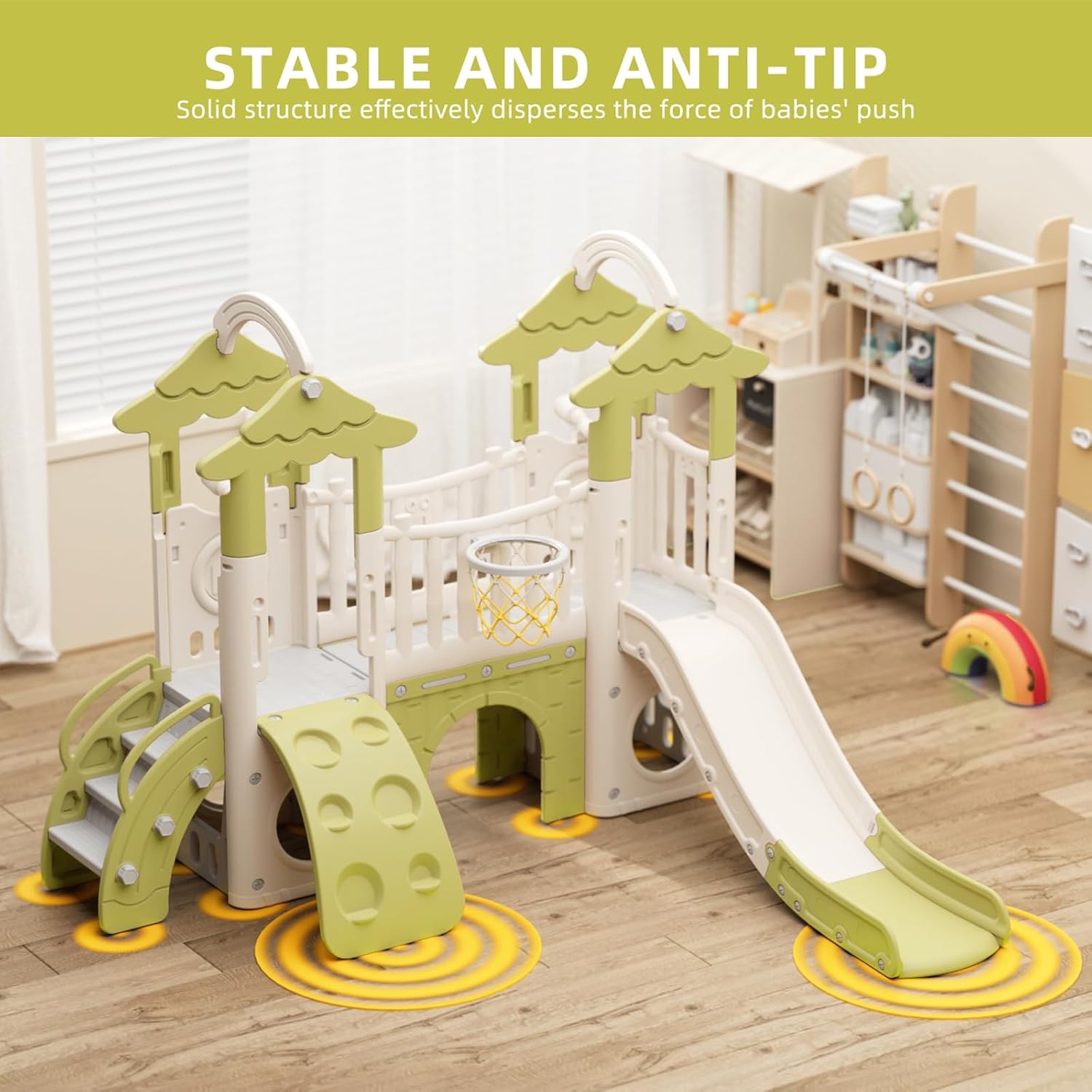 Glaf Toddler Slide 9 in 1 Jungle Slide Outdoor Playset for Toddlers Age 1+ Kids Baby Indoor Playground for Backyards with Climbing Wall Grassroof Basketball Hoop Telescopes and Storage Space (Green)