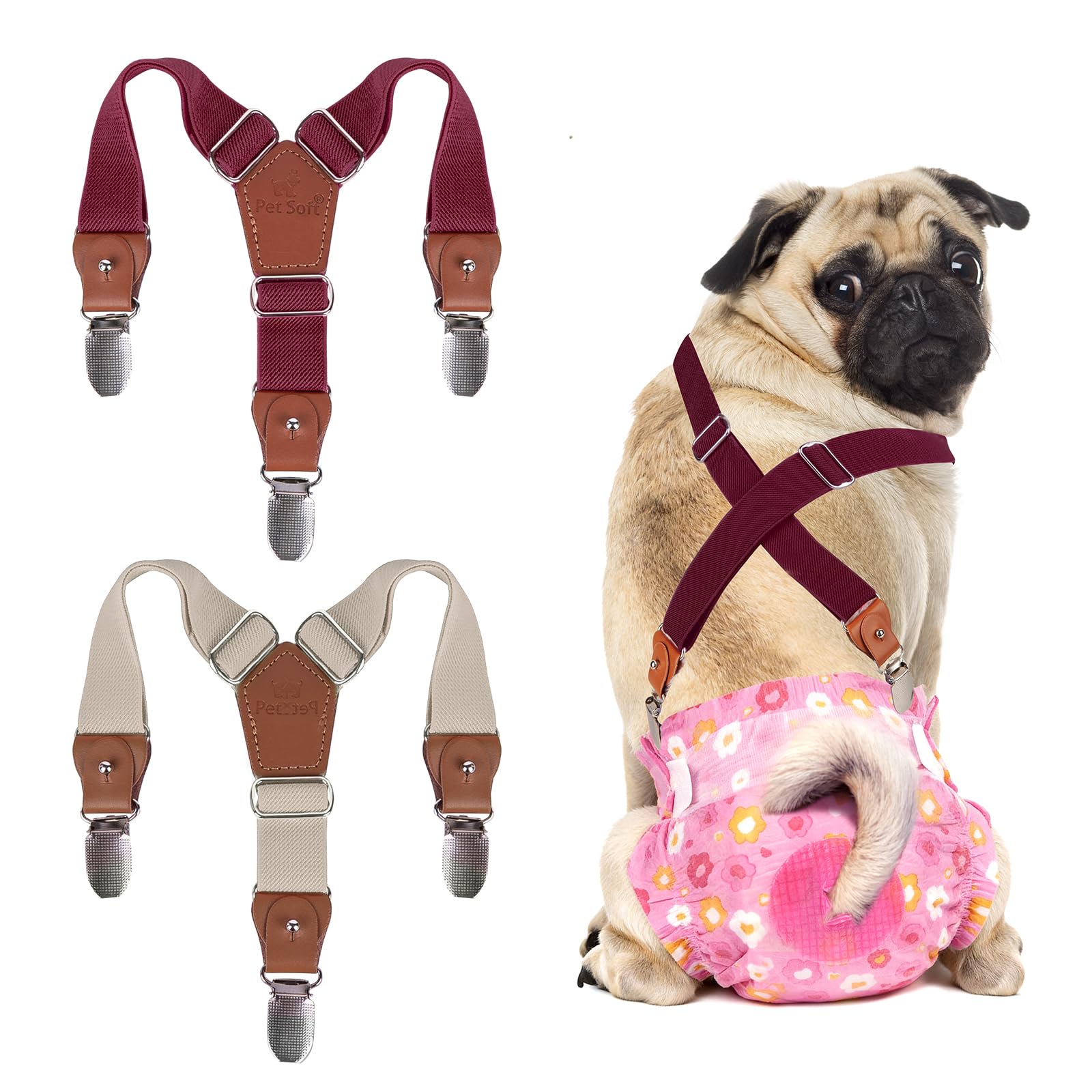 Photo 1 of Pet Soft Dog Suspenders 1 Pieces Female Dog Diaper Suspenders for Dogs Diaper Keeper Suspender for Dogs Skirt, Doggy Dress (Brown & Burgundy, XS/S)