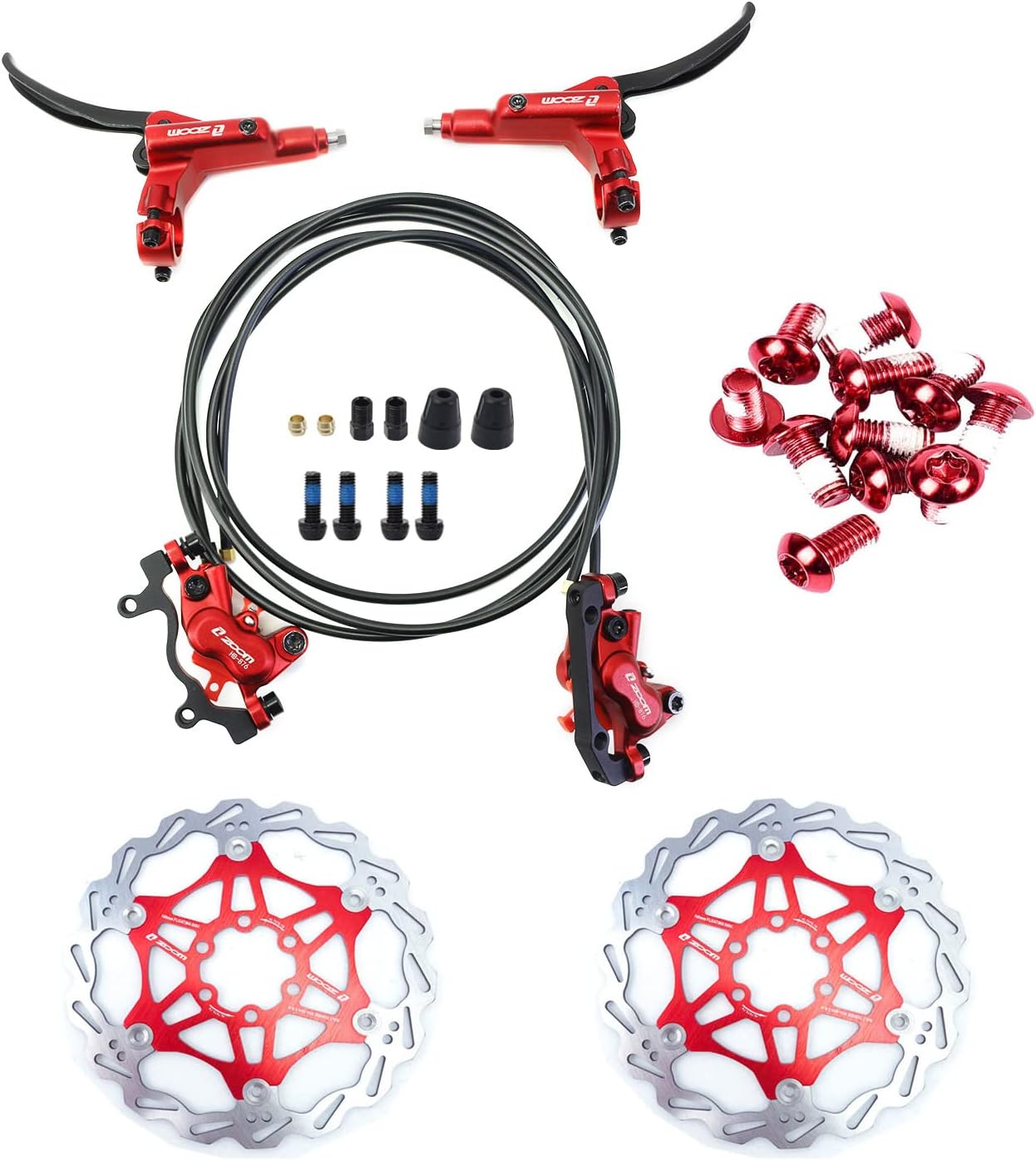 Zoom 4 Piston MTB Hydraulic Disc Brake Set/w 160mm Floating Disc Rotor Internal Routing (Red 1)