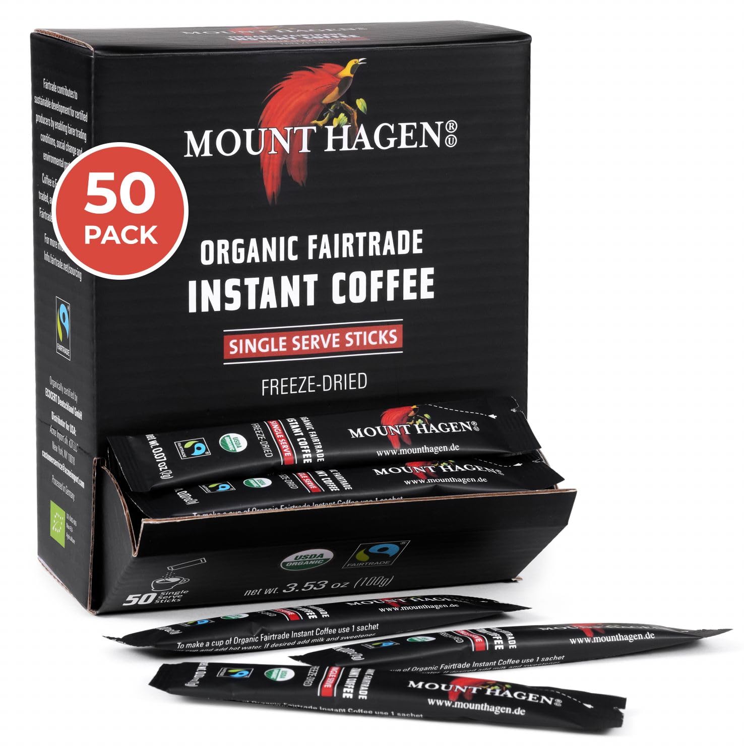 Mount Hagen Dispenser Box – 50 Count Organic Instant Coffee Packets Single Serve, Medium Roast Eco-friendly, Fair-Trade, Freeze-dried Arabica Beans [
