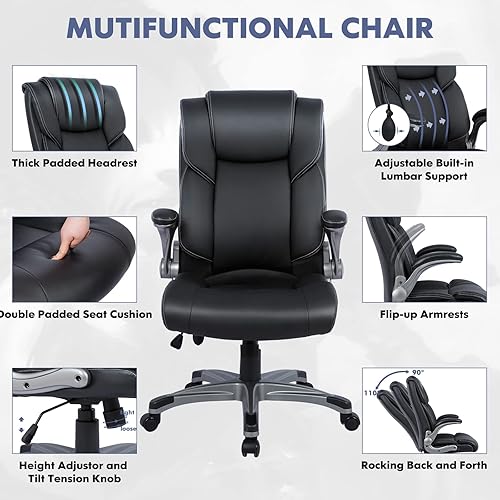 Miniatura 5 de COLAMY Silla de oficina ejecutiva de respaldo alto, silla ergonómica de escritorio de piel acolchada con soporte lumbar inflable y brazos abatibles,