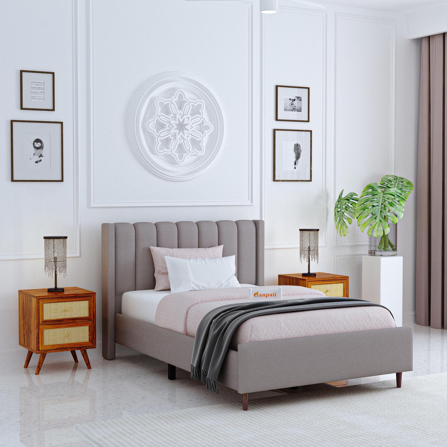 Ganpati Arts Solid Sheesham Wood Emperor Upholstered Single Size Bed Without Storage and Tufted Headboard | Wooden Single Bed Cot Palang for Bedroom, Hotels and Home Furniture (Grey)-image-2