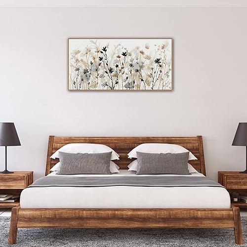 Miniatura 5 de Lienzo enmarcado de flores para pared, cuadros abstractos de paisaje gris crema marrón, impresiones sobre lienzo para el hogar, sala de estar,