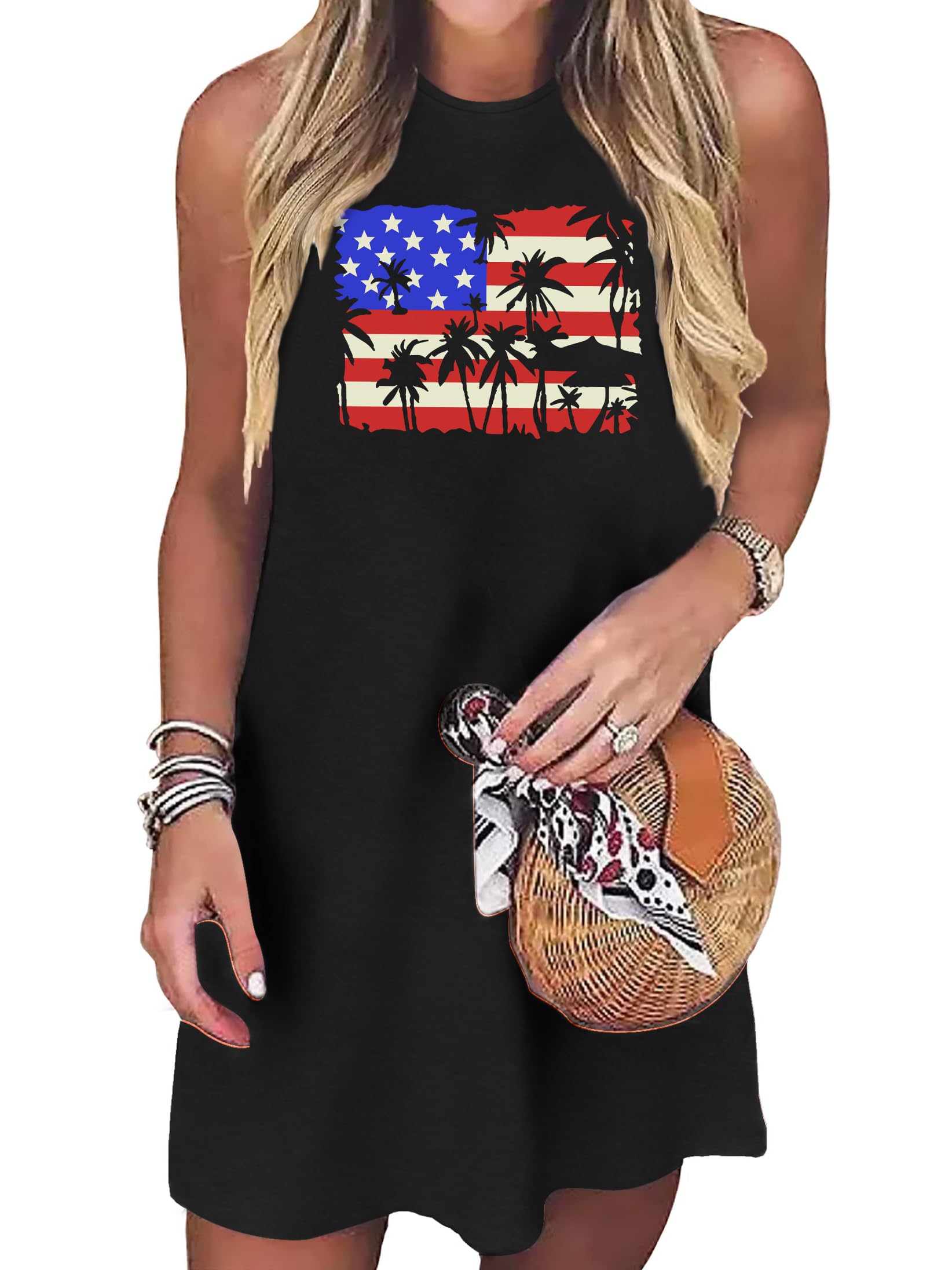 VVNTY American Flag Tank Dress Women: 4th of July Shirts Sleeveless Patriotic USA Flag Tees Casual Summer Tanks Sundress