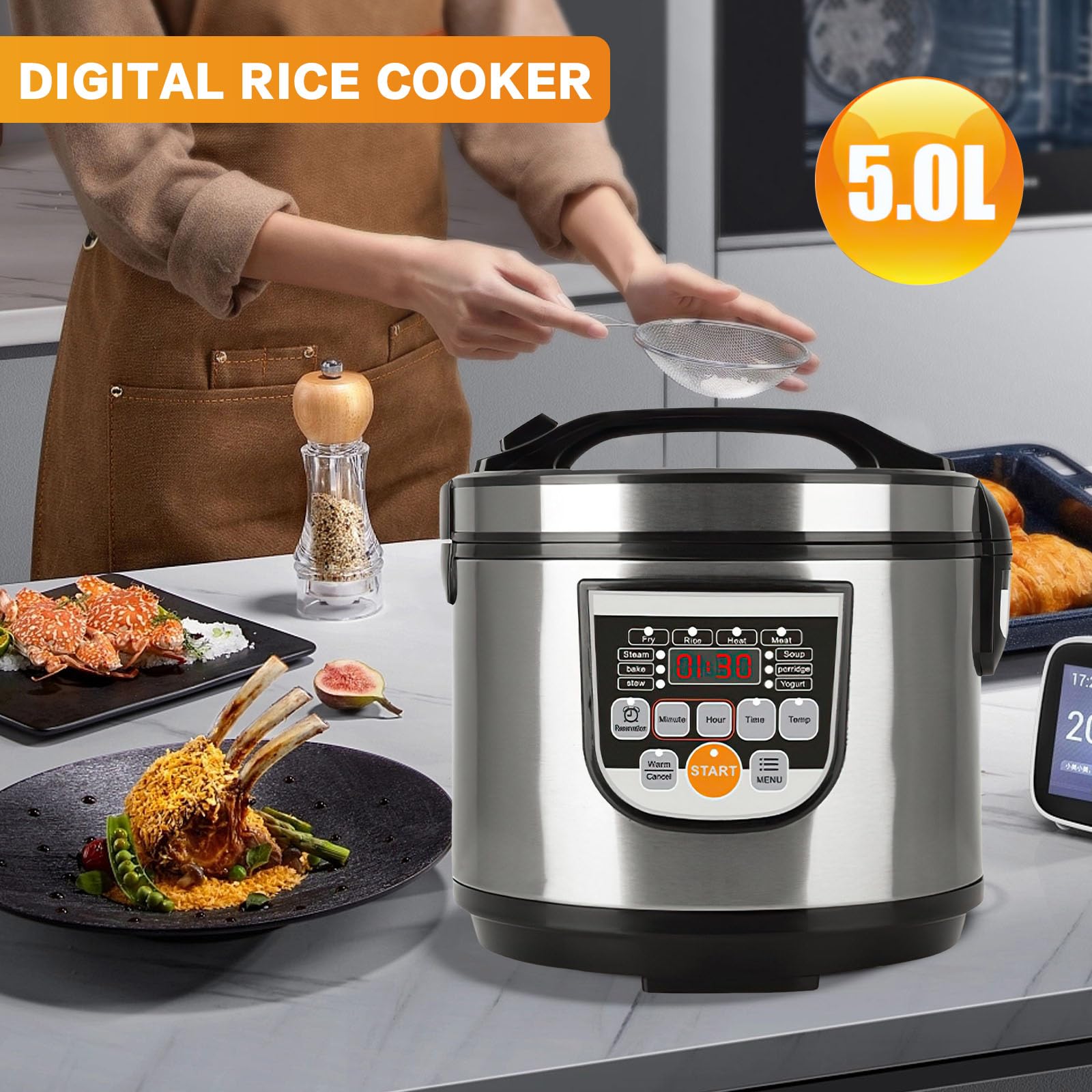 Cuociriso da 5 l, grande capacità, per 2-10 persone, multicooker elettrico multifunzionale, 700 W, 10 programmi, stop & mantieni in caldo, auto, ideale anche per verdure/pesce, ecc