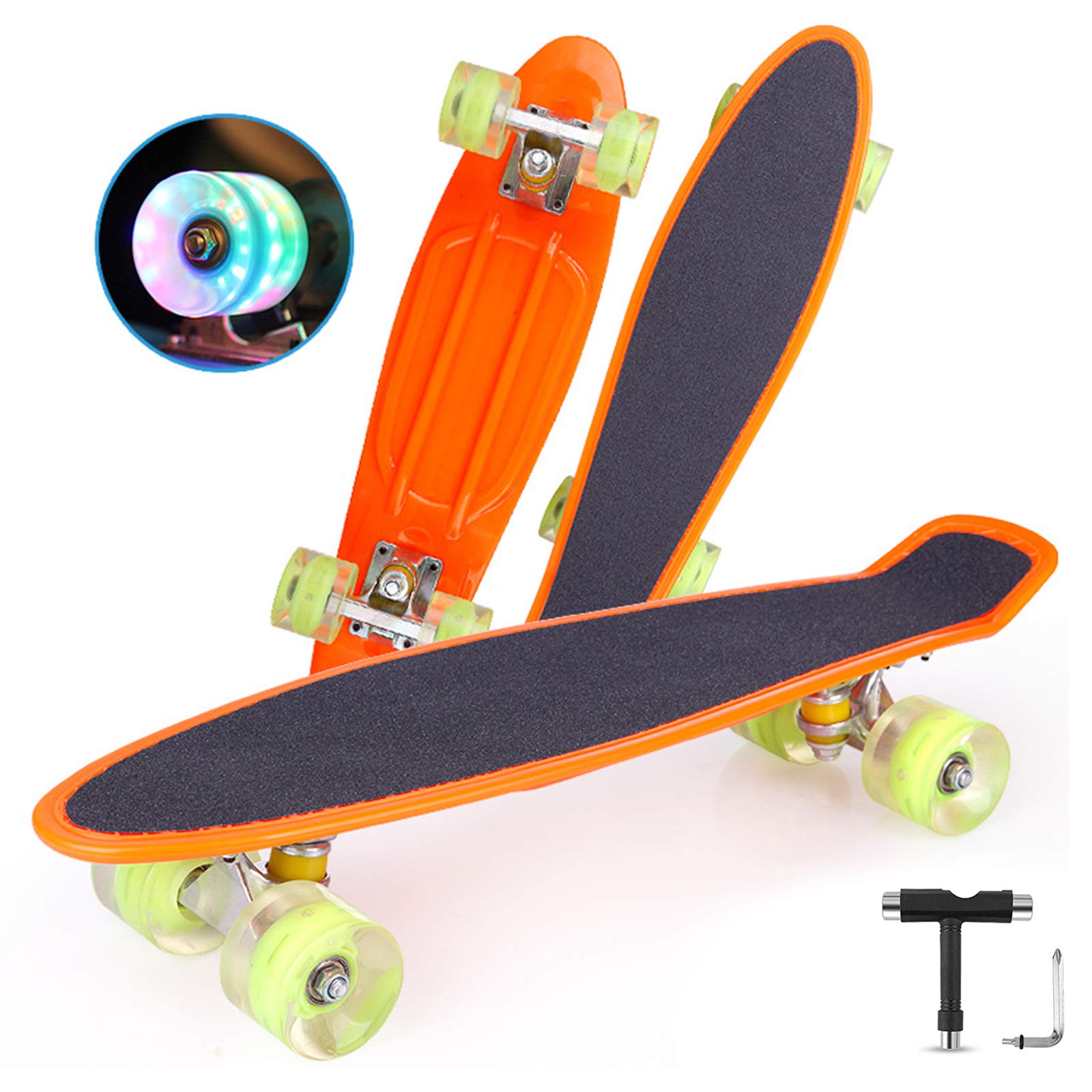 Skateboard Planche à roulettes Givrée de 22"avec Roues Clignotantes à LED et Outil en T, Skateboard Mini Cruiser Résistant à l'usure pour Enfants, Adolescents, Garçons et Filles