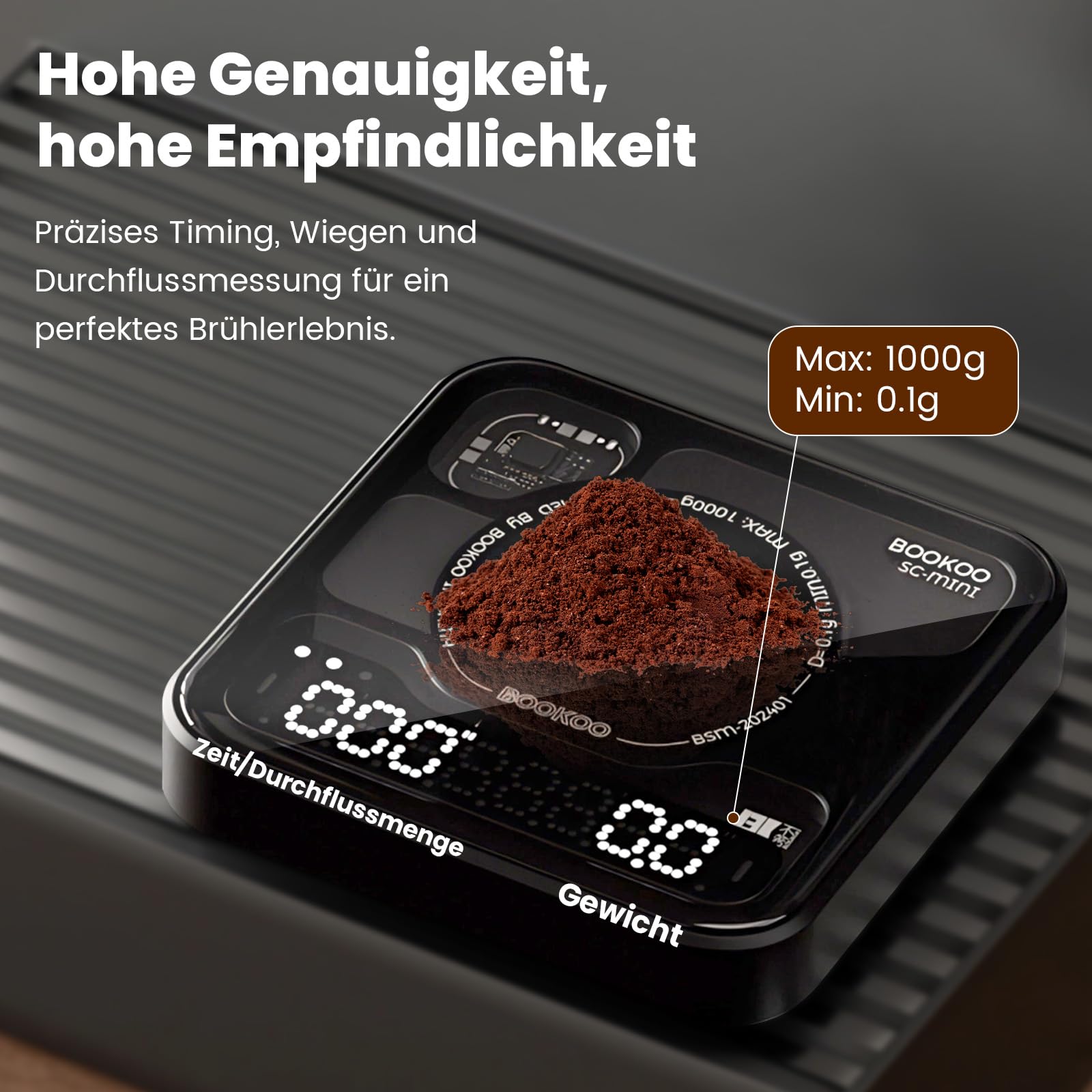 BOOKOO Kaffeewaage mit Timer, 0,1g Hochpräzise wiederaufladbare Espresso Waage mit 3 Mode, Bluetooth-Verbindung APP, USB Mini Präzisionswaage für Espresso und Pour-Over
