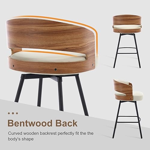 Miniatura 5 de Juego de 2 taburetes de bar giratorios de madera curvada de 26 pulgadas de altura de mostrador, taburetes de bar tapizados de piel sintética con