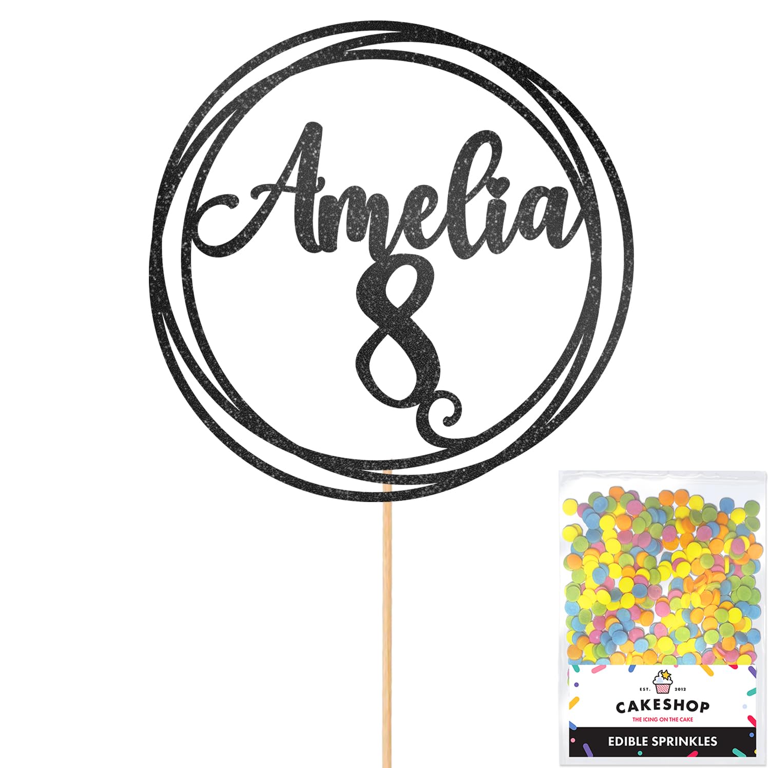 Personalised Round Happy Birthday Glitter Cake Topper - Black Any Custom Age & Name Glitter Cake Decoration and Sprinkles - Happy Birthday Decorations - Personalised Toppers for Cakes by Cakeshop