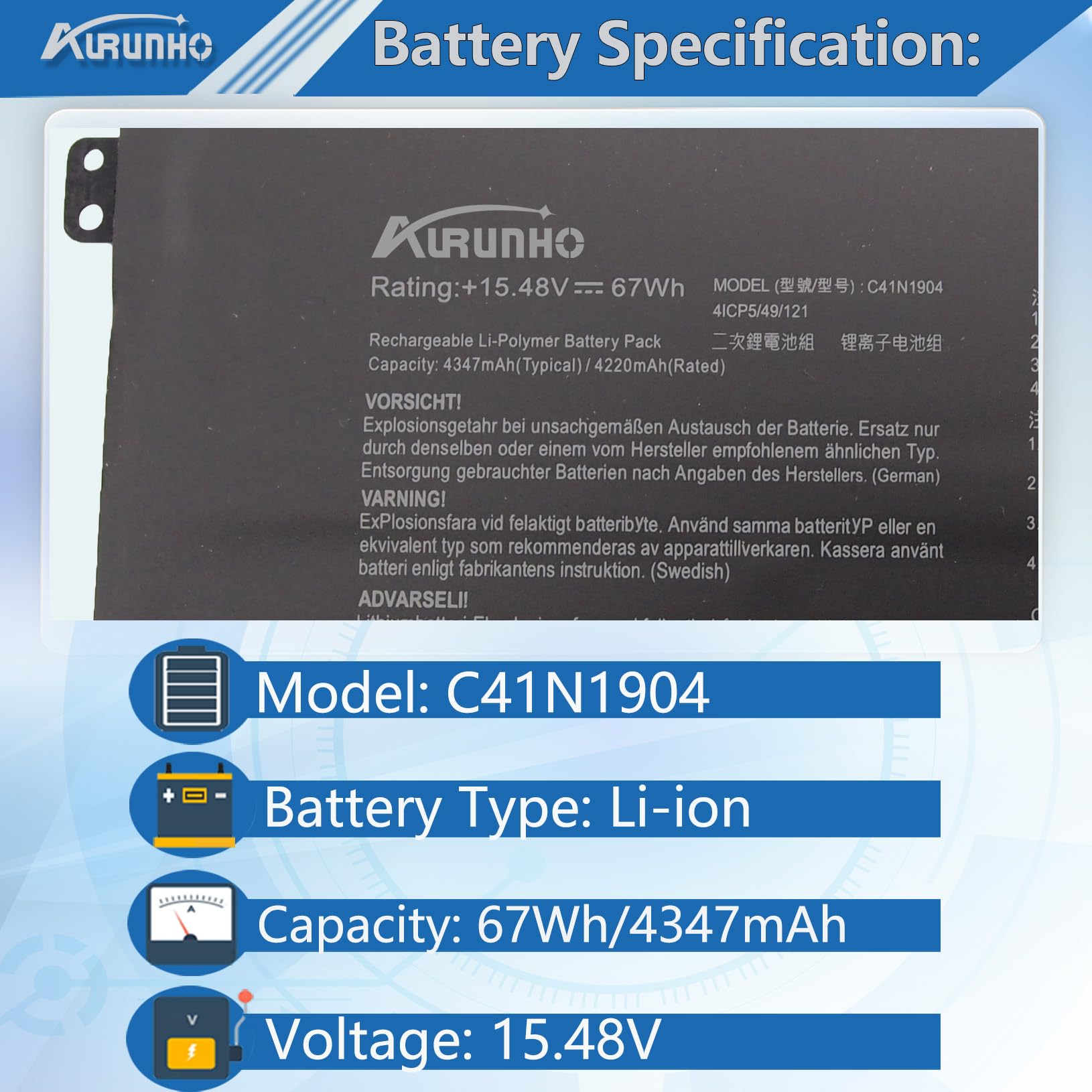 Amazon.com: AURUNHO C41N1904 C41N1904-1 Battery Replacement for