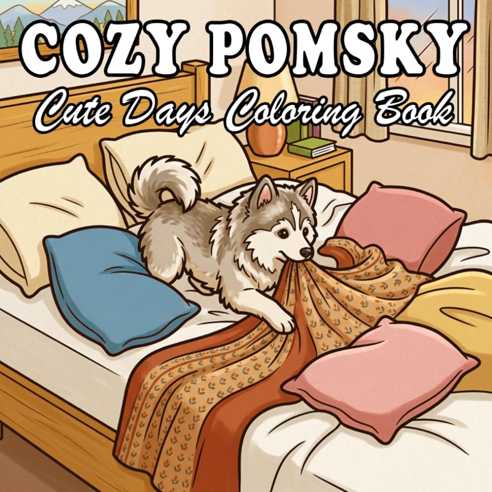 Pomsky Coloring Book for Kids & Adults: 68 Cute & Cozy Pomsky Coloring designs with Everyday Life and Outdoor Scenes