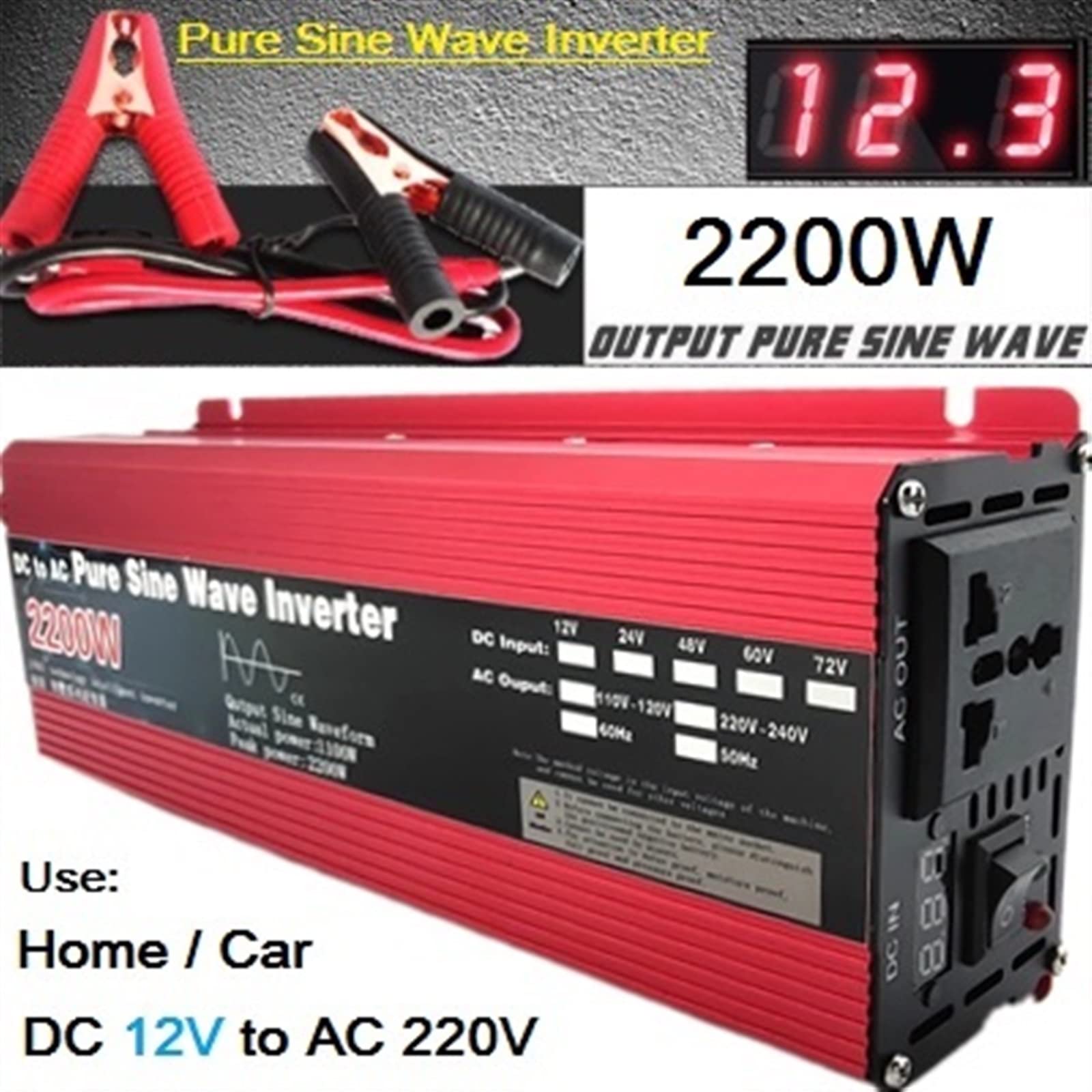 Przetwornica czystej fali sinusoidalnej DC 12 v/24 v 1000 W 1600 W 2000 W 3000 W przenośny konwerter banku mocy falownik solarny(2200W 12V,50Hz)