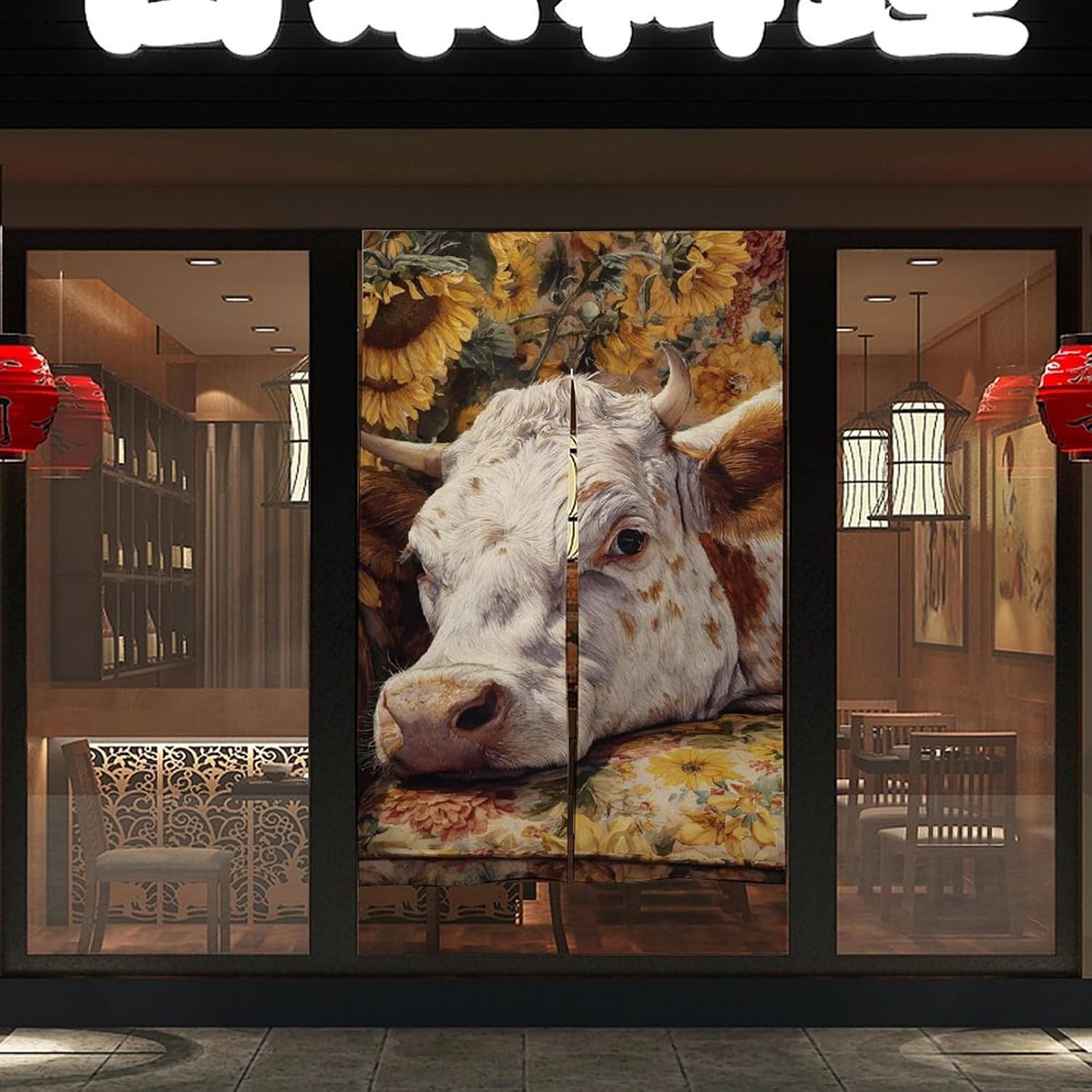 Sunflowers Cow Lies on Sofa Doorway Curtain Insulated Room Divider Drapes | white linen,privacy curtains