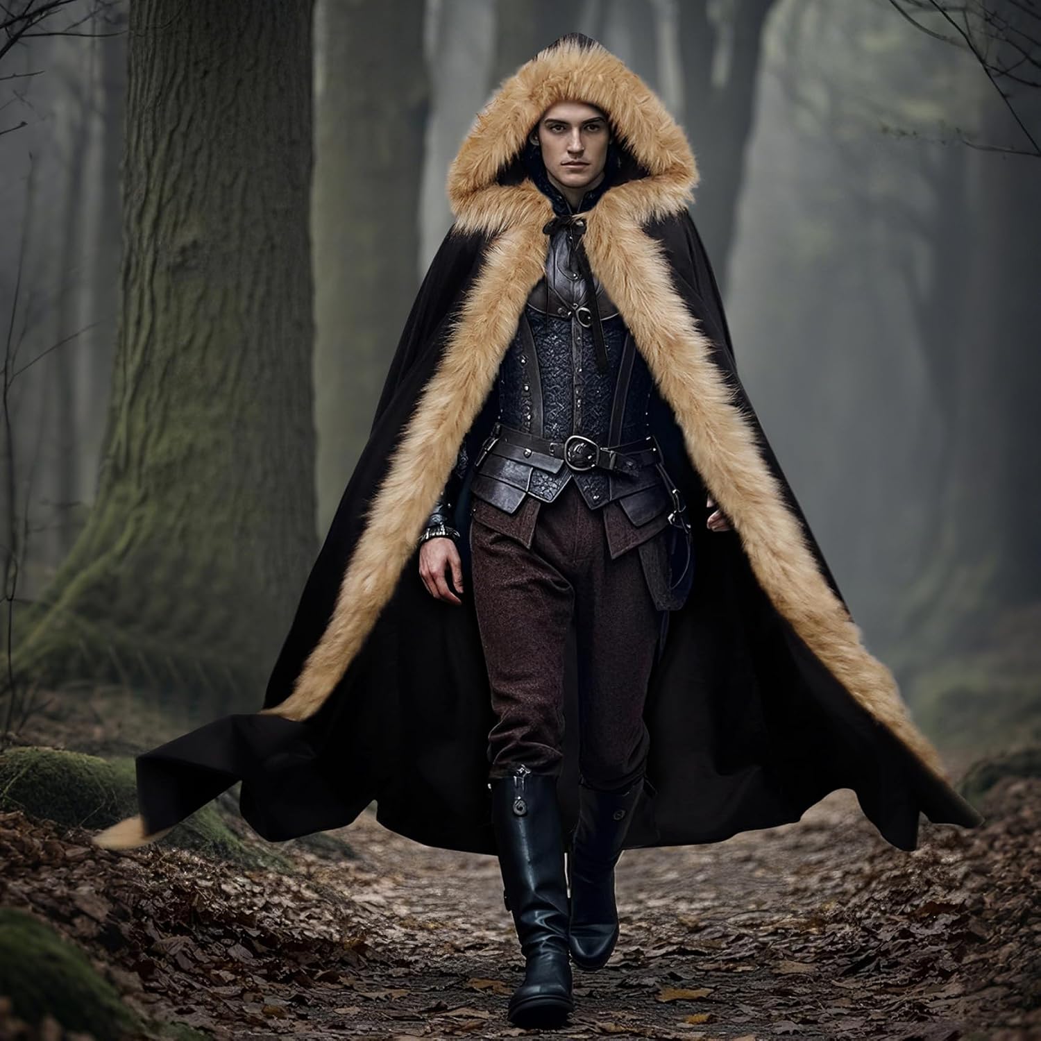 L'VOW Viking Fur Cloak with Hood Fur Hooded Cape for Women Men Ren Faire Medieval Cosplay - Image 4