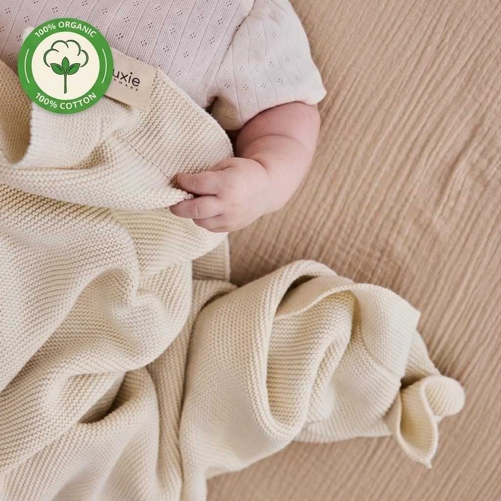 Knitted Organic Cotton Baby Blanket- Swaddle Blanket, 30" x 40" Soft Receiving Blanket for Newborn. (Ultra Soft Ivory)