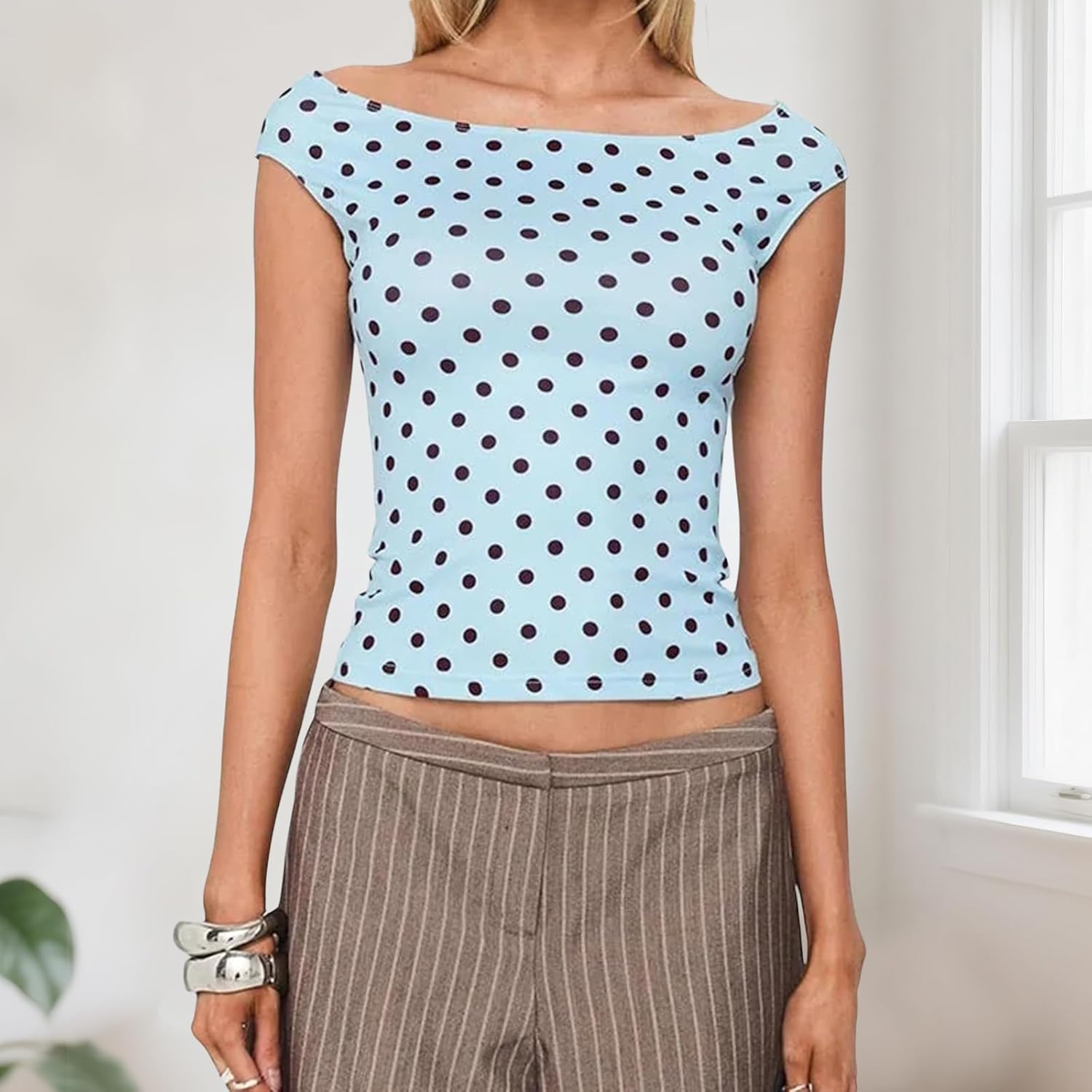 Women Y2k Polka Dot Tank Top Vintage Boat Neck Short Sleeve Crop Cami Top Slim Fit Spring Fall Going Out Shirts - Image 3