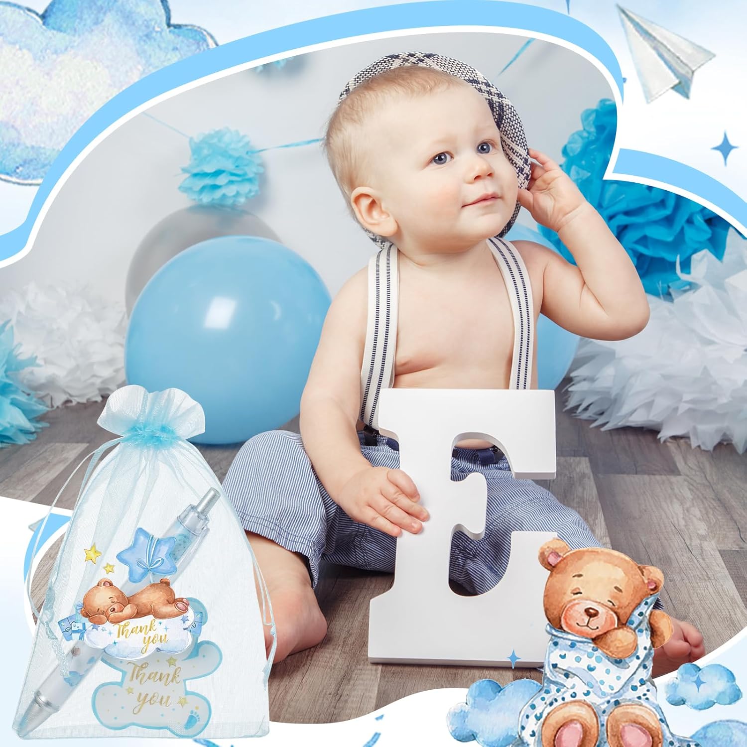Chuangdi 50 Sets Baby Shower Favors Gifts for Guests Includes 50 Pcs Ballpoint Pens, Thank You Cards and Organza Bags(Blue Bear)