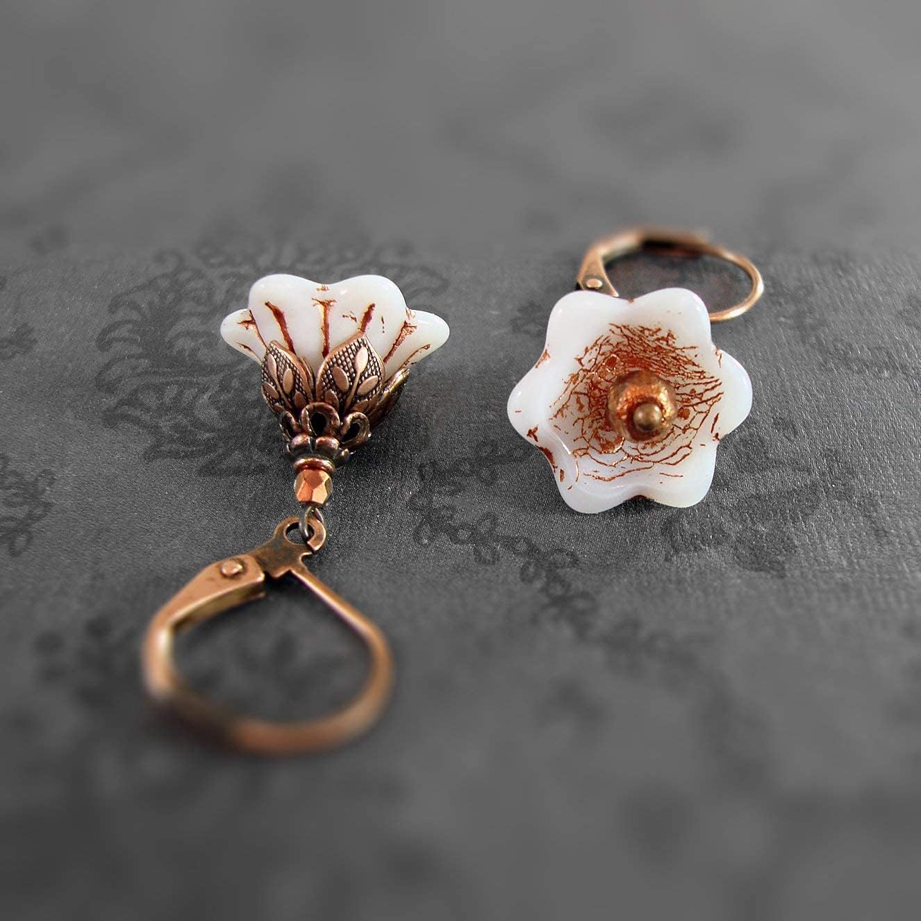 White Czech Glass Flower Bead Lever Back Earrings with Antiqued Copper