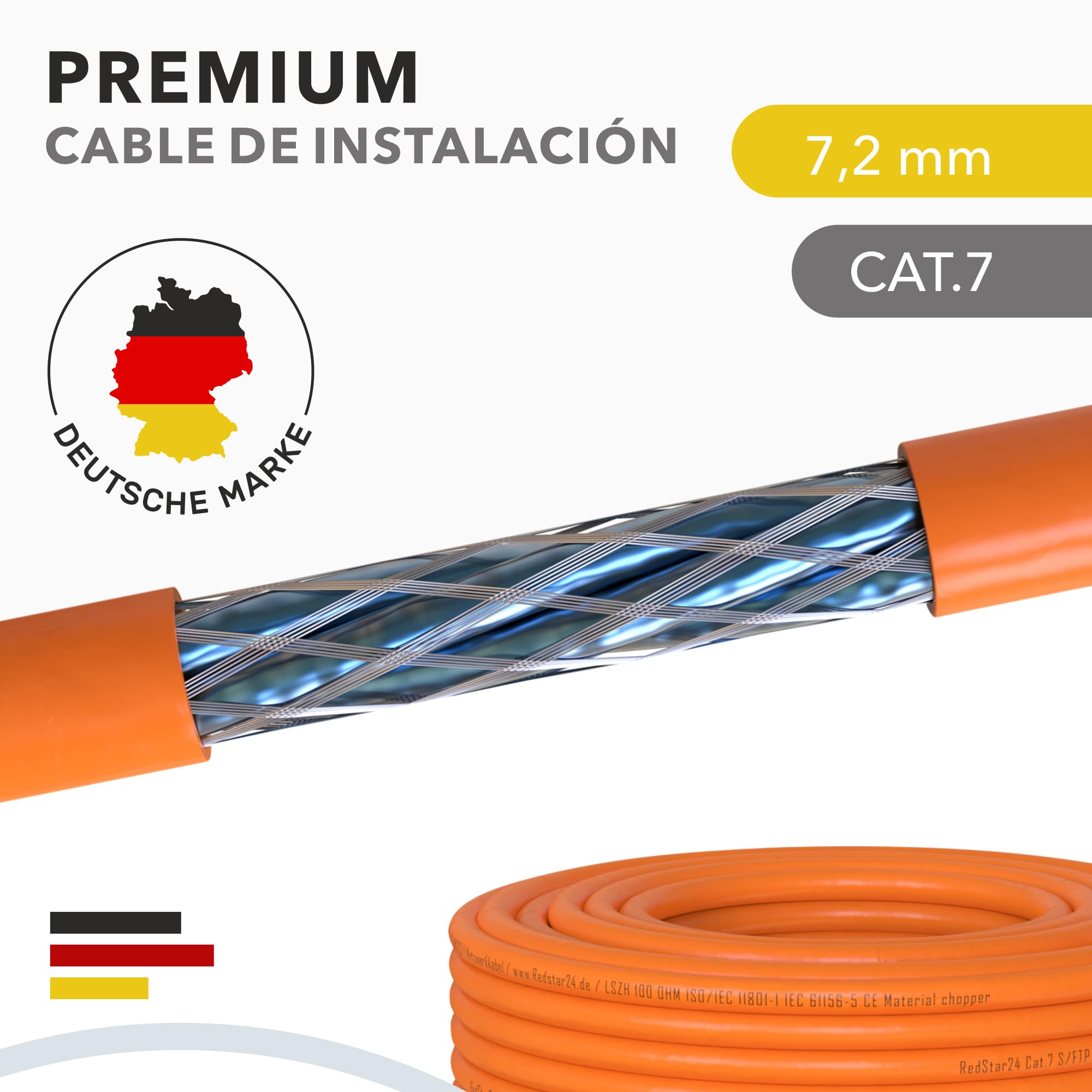RedStar24 CAT 7 Cable Ethernet 30m - Cable de Red CAT7 LAN, Cobre, Cable de Datos CAT.7 Gigabit S/FTP, Categoría 7, Libre de Halógenos, PIMF, PoE, 10Gbit, Conexión de Red, 30 Metros