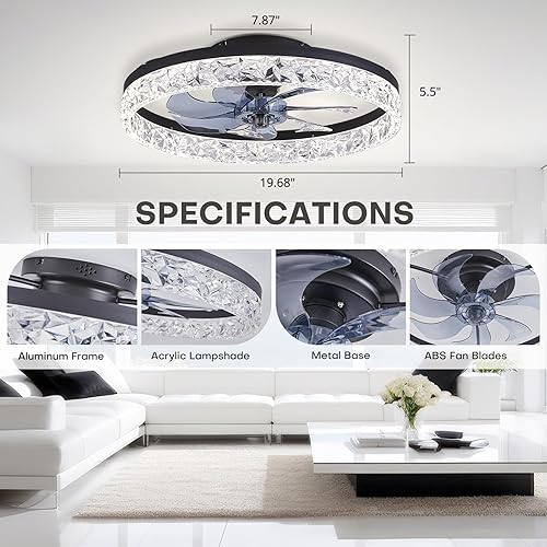 Miniatura 7 de STERREN Ventilador de techo de cristal con luz, ventiladores de techo modernos de perfil bajo de 19.7 pulgadas con control remoto, ventilador LED de