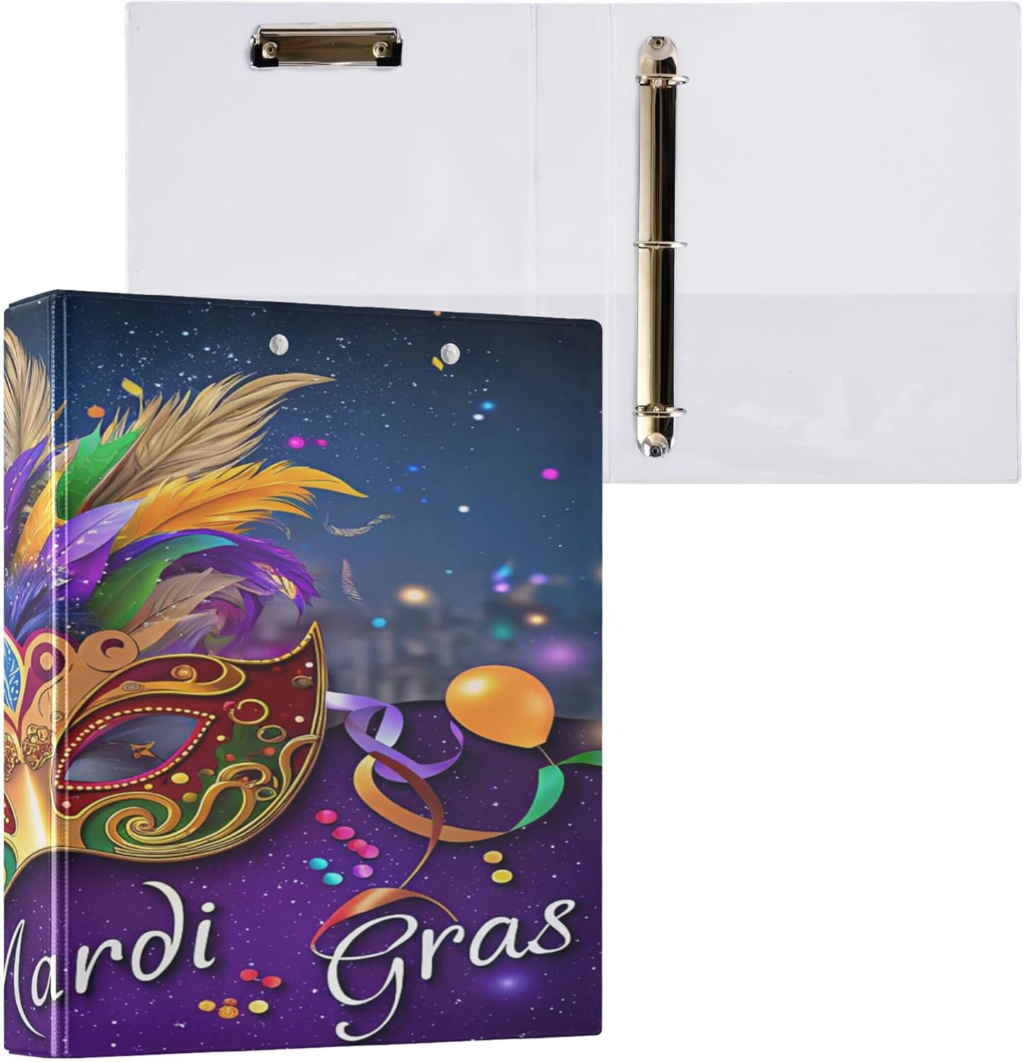 Mardi Gras Mask 3 Ring Binders, 1.5” Round Ring Binders with Clipboard - Letter Size, 3 Interior PVC Clear Pockets & Anti-Slip Clip for Office School Supplies, 2PCS