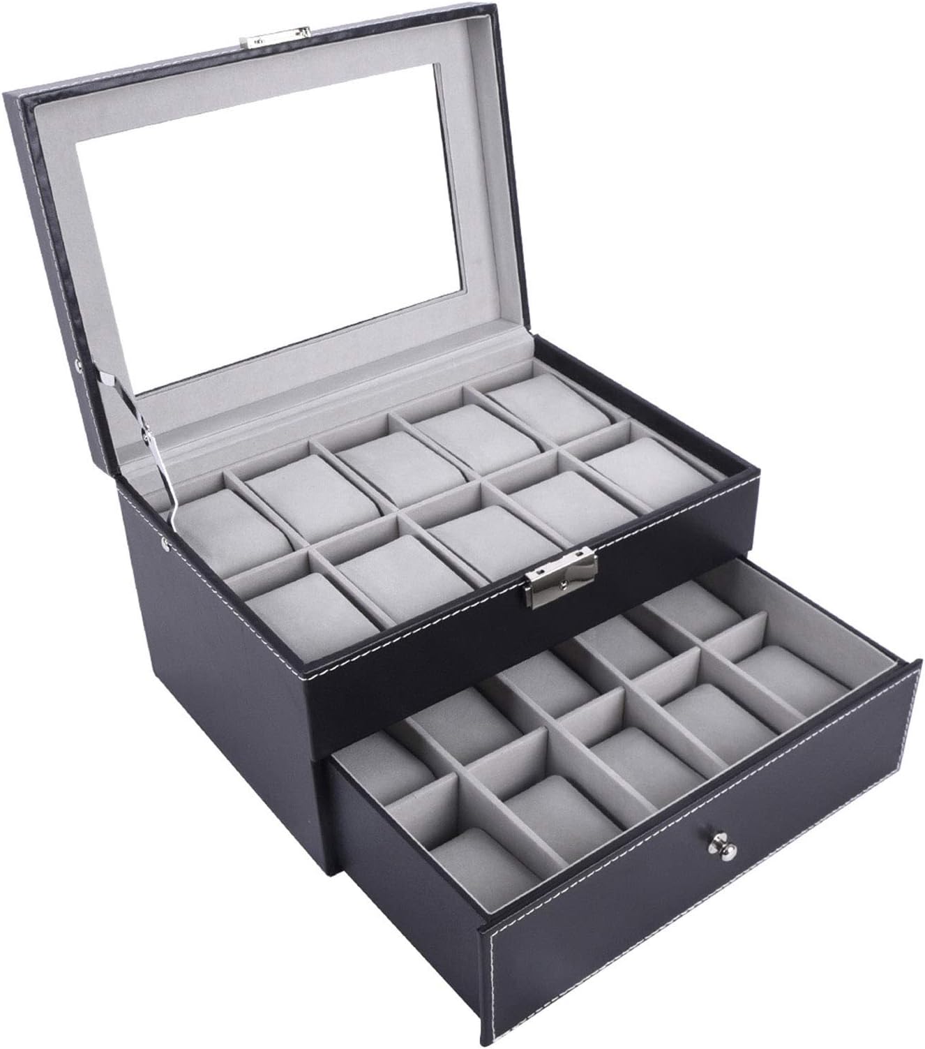 AUTOARK Leather 20 Watch Box Glass Top Watch Jewelry Display Case Organizer,Black,AW-054