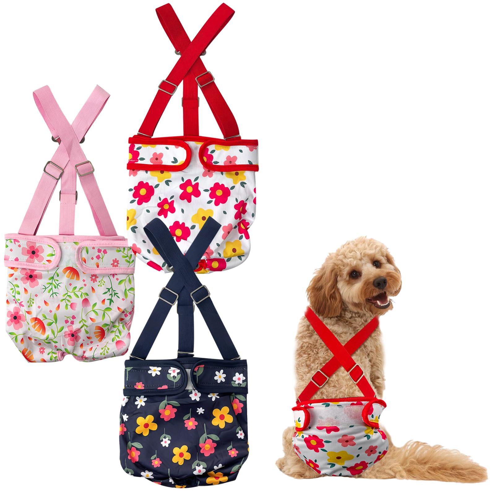 3 Pack Washable Female Dog Diaper with Suspender,Reusable Fixed Doggie Diapers Super Absorbent Leakproof for Small Medium Large Dog in Heat Cycle-S