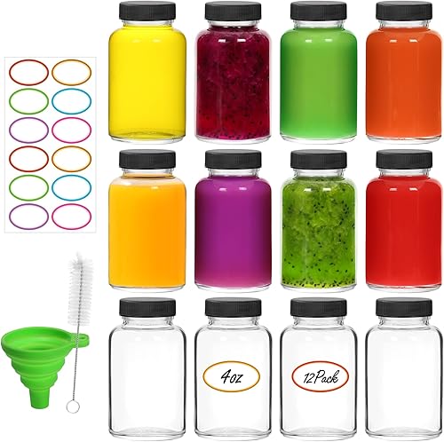 Vista 8 de EkkoVla Paquete de 12 botellas de vidrio de 2 onzas con tapas para líquidos, tarros de boca ancha de 2.1 onzas líquidas con tapas, botellas