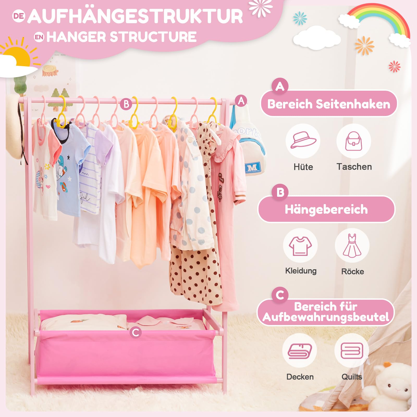 Yorbay Scaffale per Abbigliamento per Bambini con Contenitore, Pieghevole, Bambù